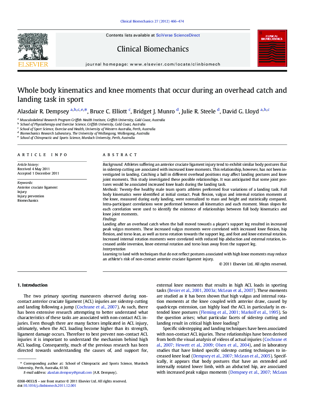 Whole body kinematics and knee moments that occur during an overhead catch and landing task in sport