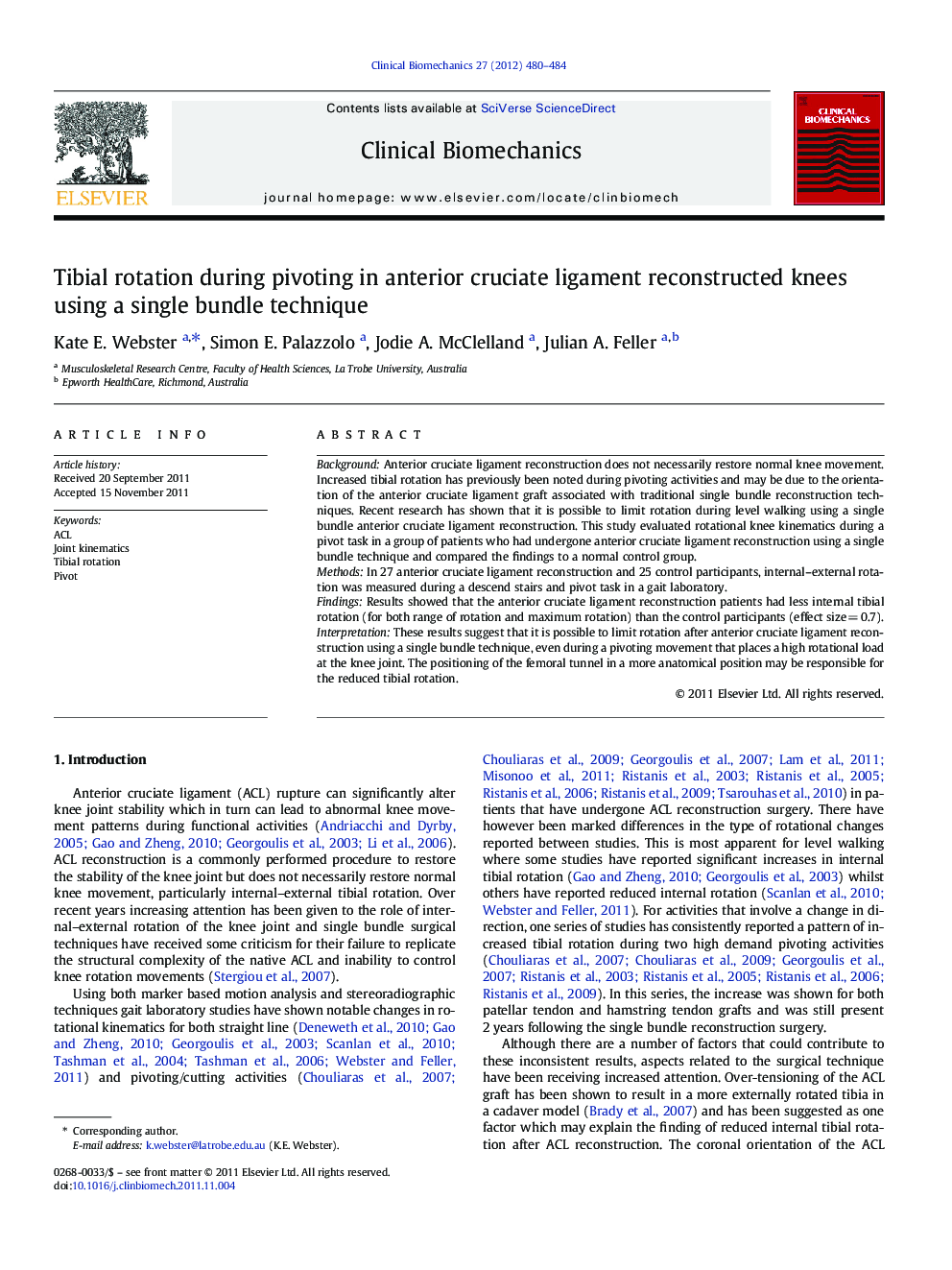 Tibial rotation during pivoting in anterior cruciate ligament reconstructed knees using a single bundle technique