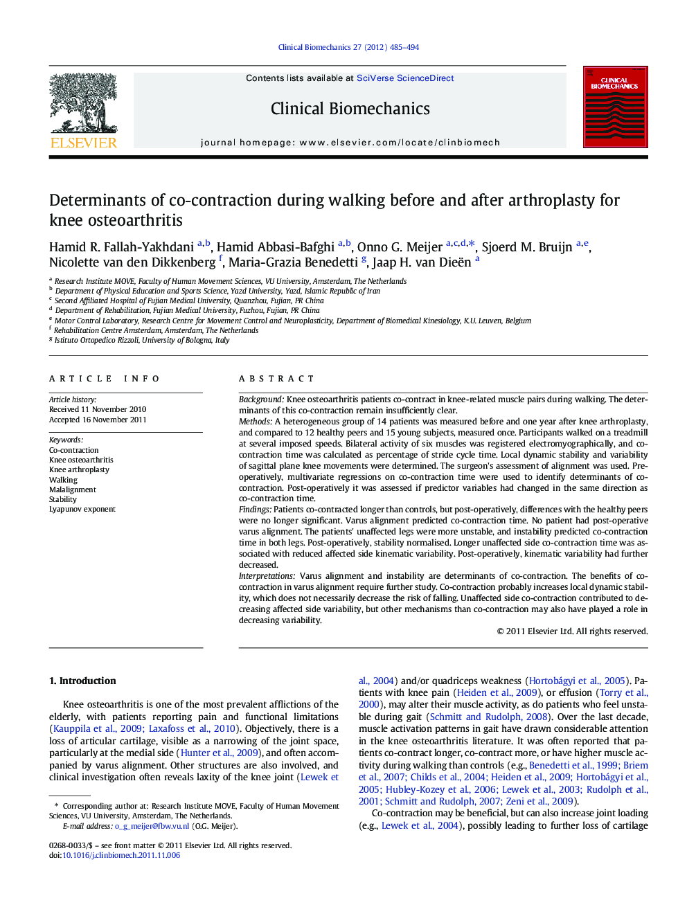 Determinants of co-contraction during walking before and after arthroplasty for knee osteoarthritis