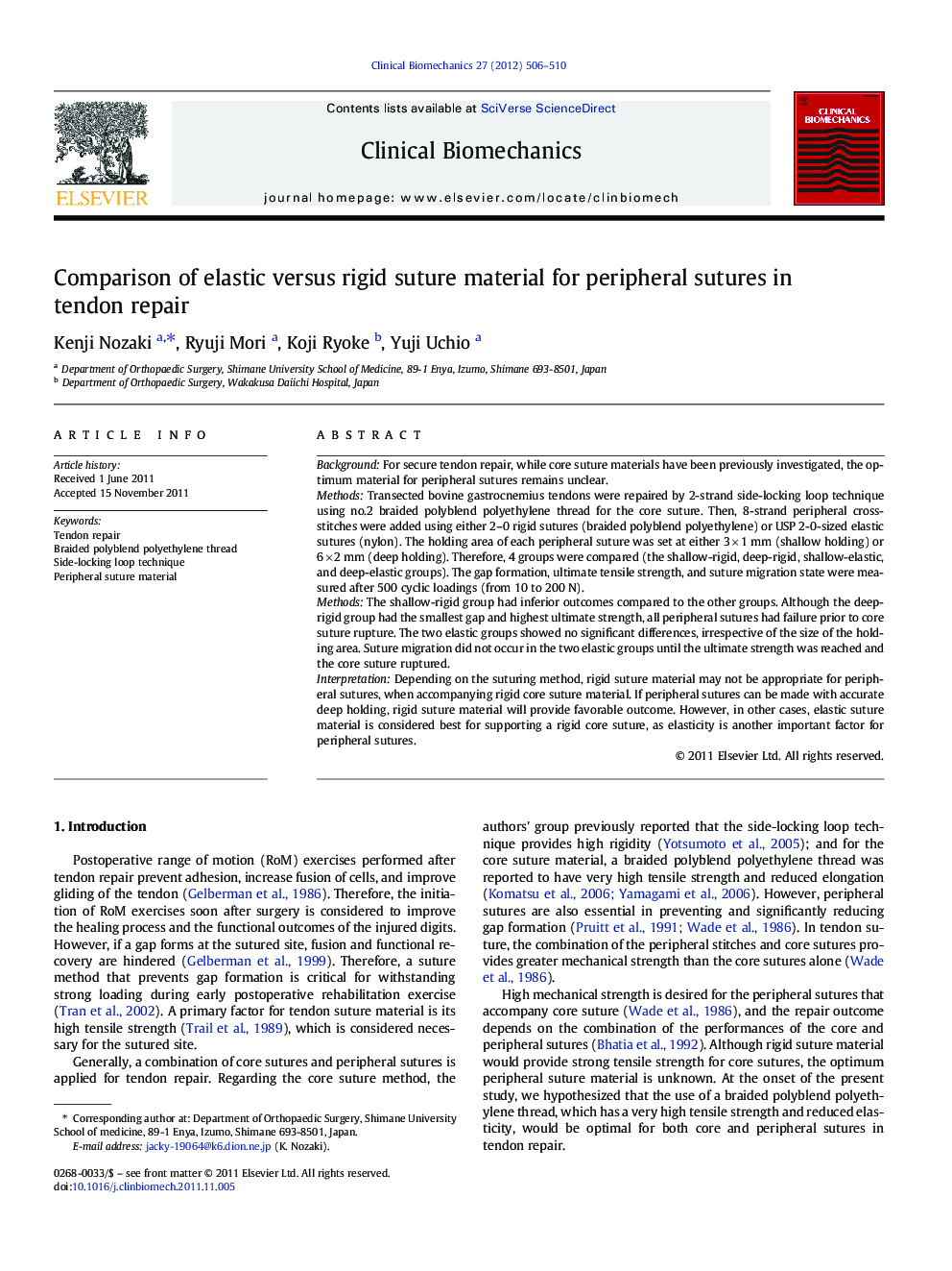 Comparison of elastic versus rigid suture material for peripheral sutures in tendon repair