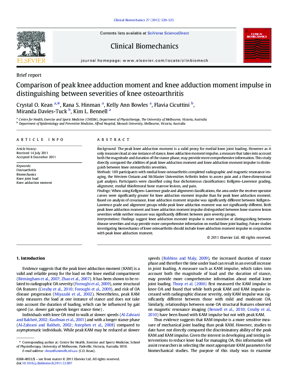 Comparison of peak knee adduction moment and knee adduction moment impulse in distinguishing between severities of knee osteoarthritis