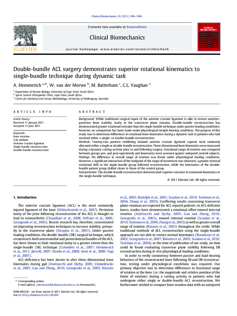 Double-bundle ACL surgery demonstrates superior rotational kinematics to single-bundle technique during dynamic task