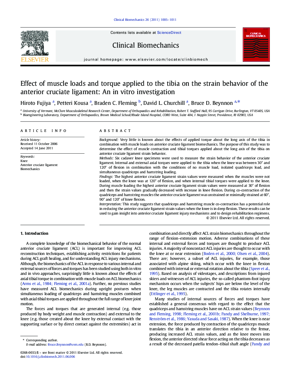 Effect of muscle loads and torque applied to the tibia on the strain behavior of the anterior cruciate ligament: An in vitro investigation