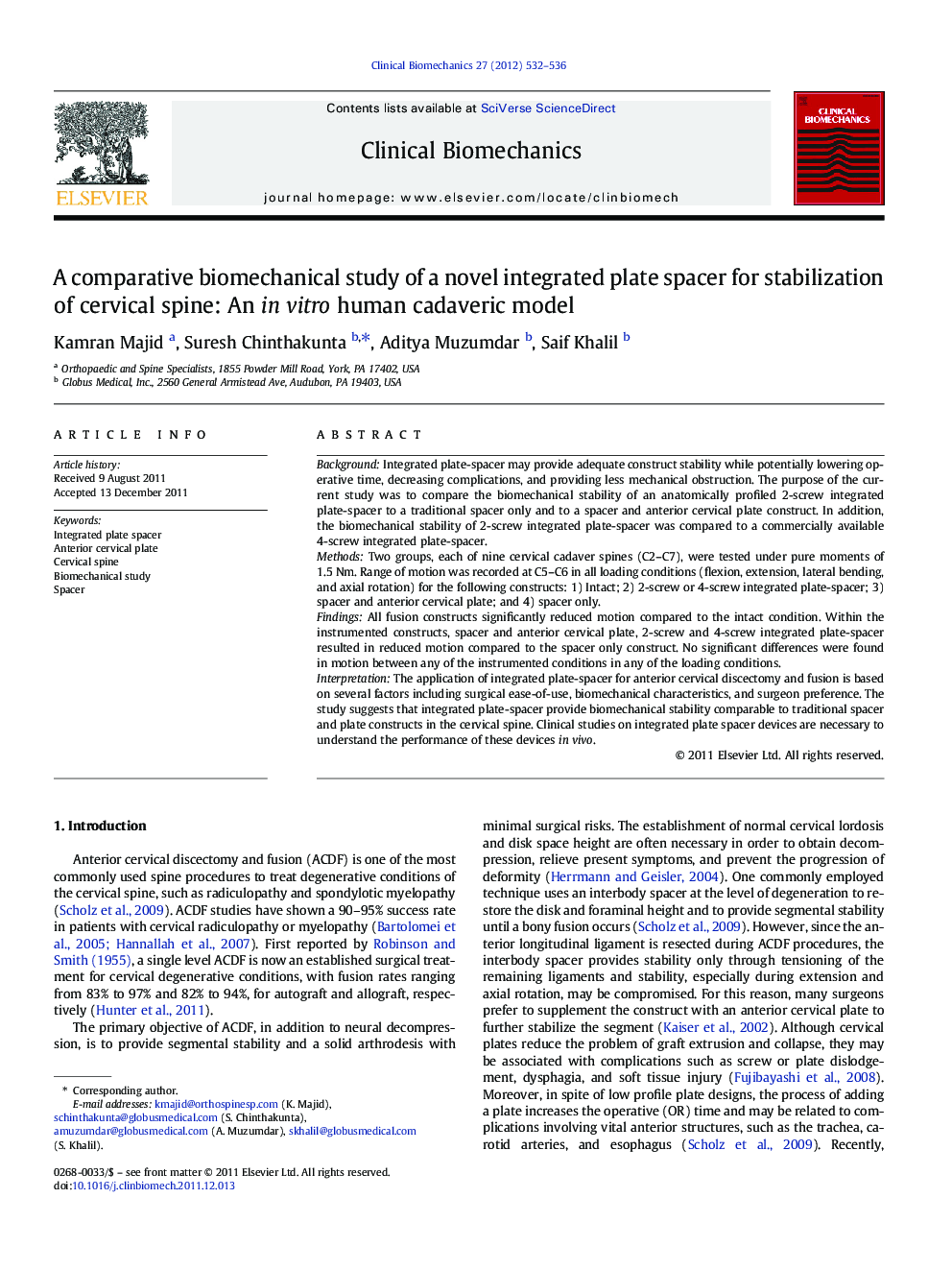 A comparative biomechanical study of a novel integrated plate spacer for stabilization of cervical spine: An in vitro human cadaveric model