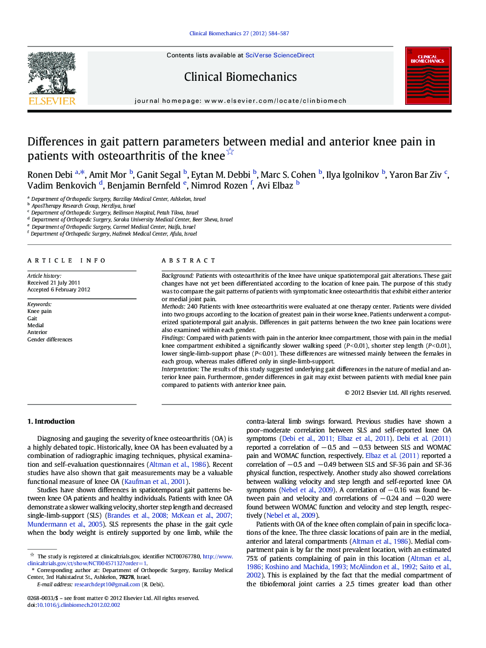 Differences in gait pattern parameters between medial and anterior knee pain in patients with osteoarthritis of the knee 