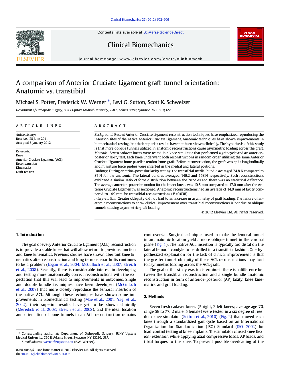 A comparison of Anterior Cruciate Ligament graft tunnel orientation: Anatomic vs. transtibial