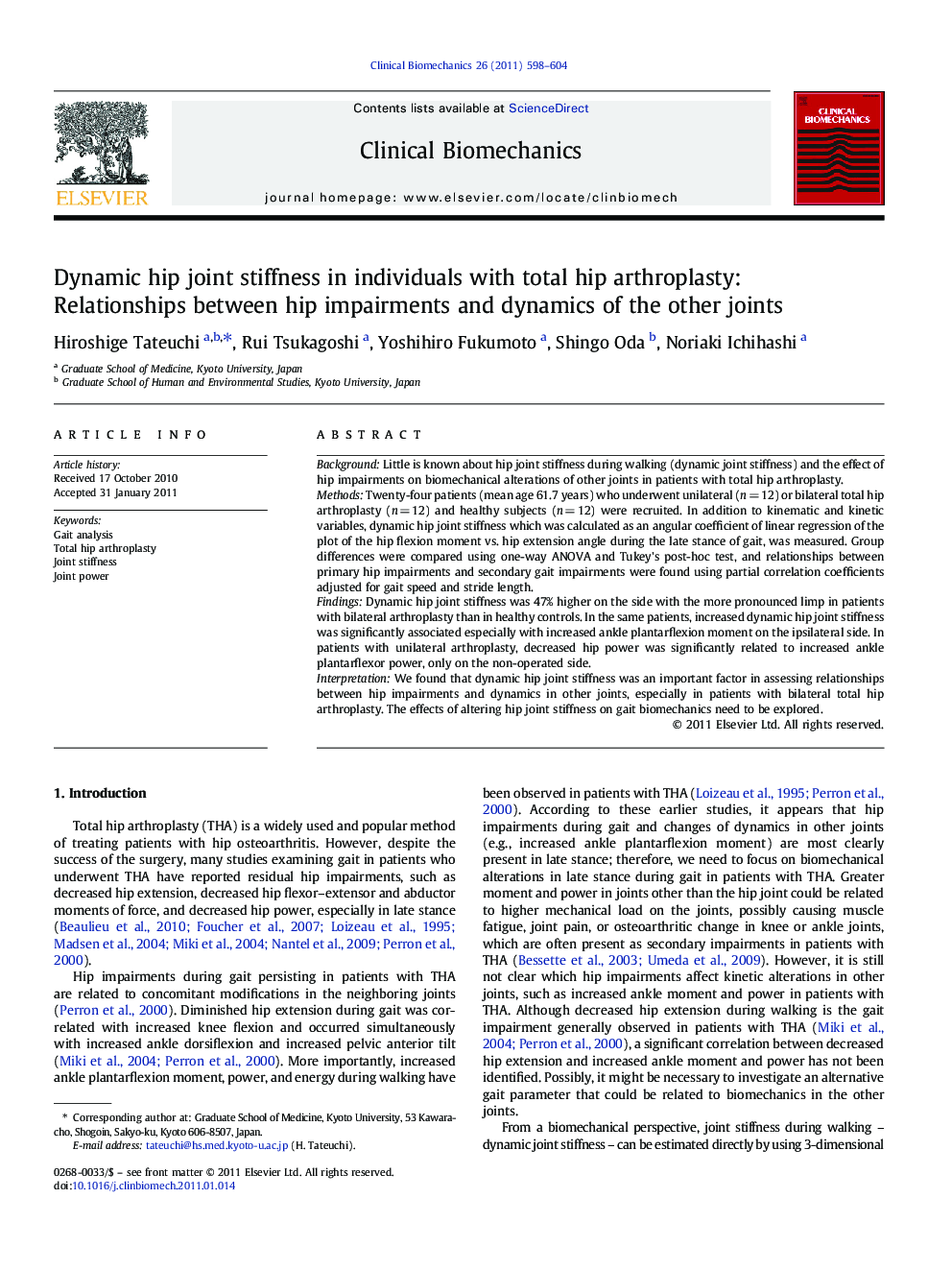 Dynamic hip joint stiffness in individuals with total hip arthroplasty: Relationships between hip impairments and dynamics of the other joints