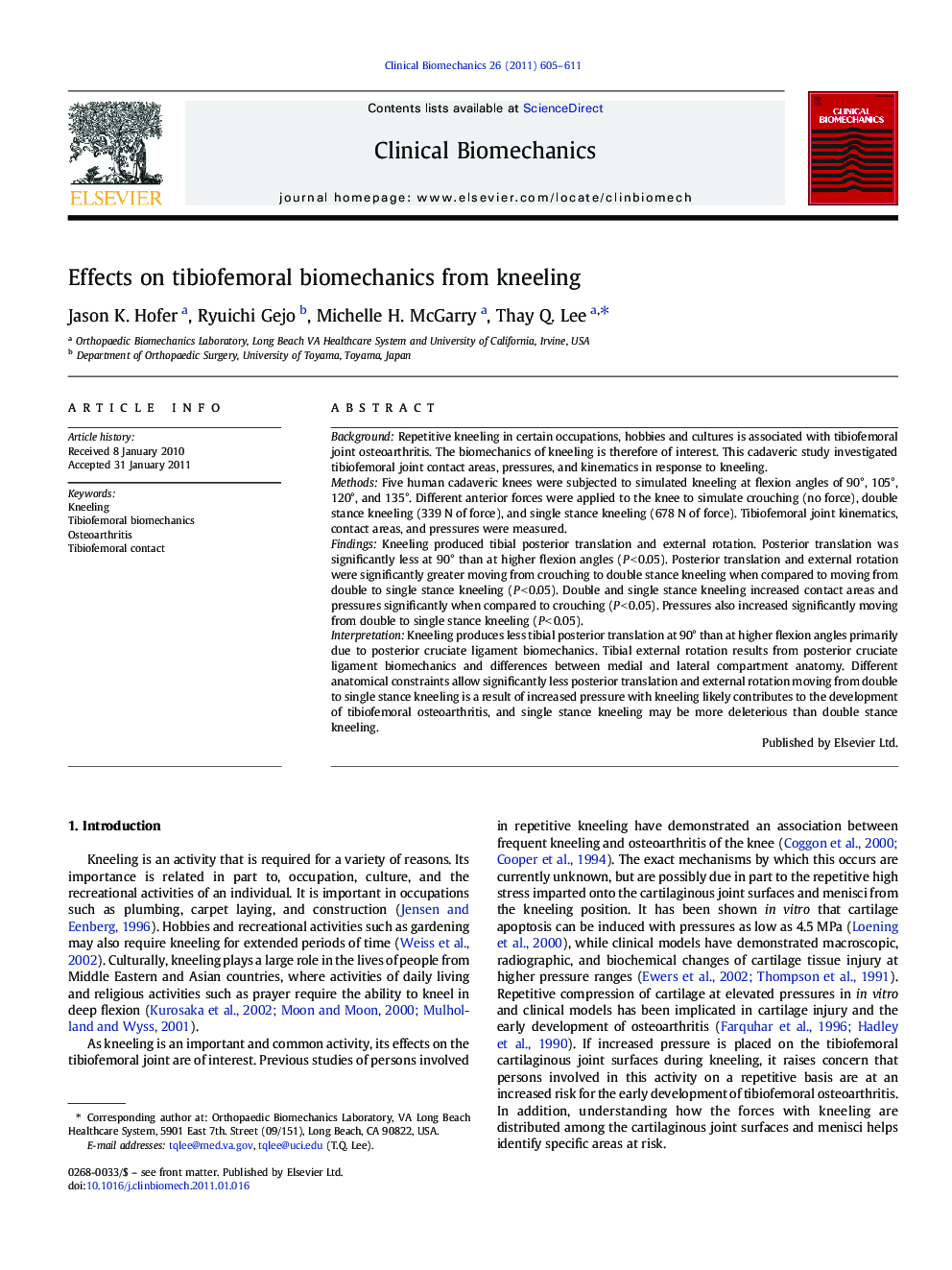 Effects on tibiofemoral biomechanics from kneeling