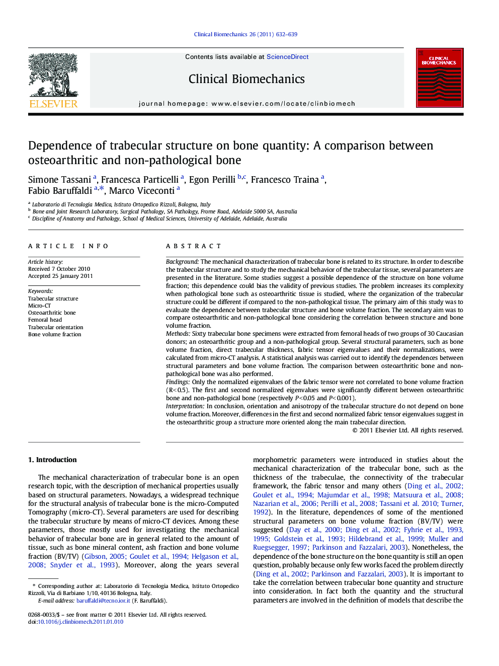 Dependence of trabecular structure on bone quantity: A comparison between osteoarthritic and non-pathological bone