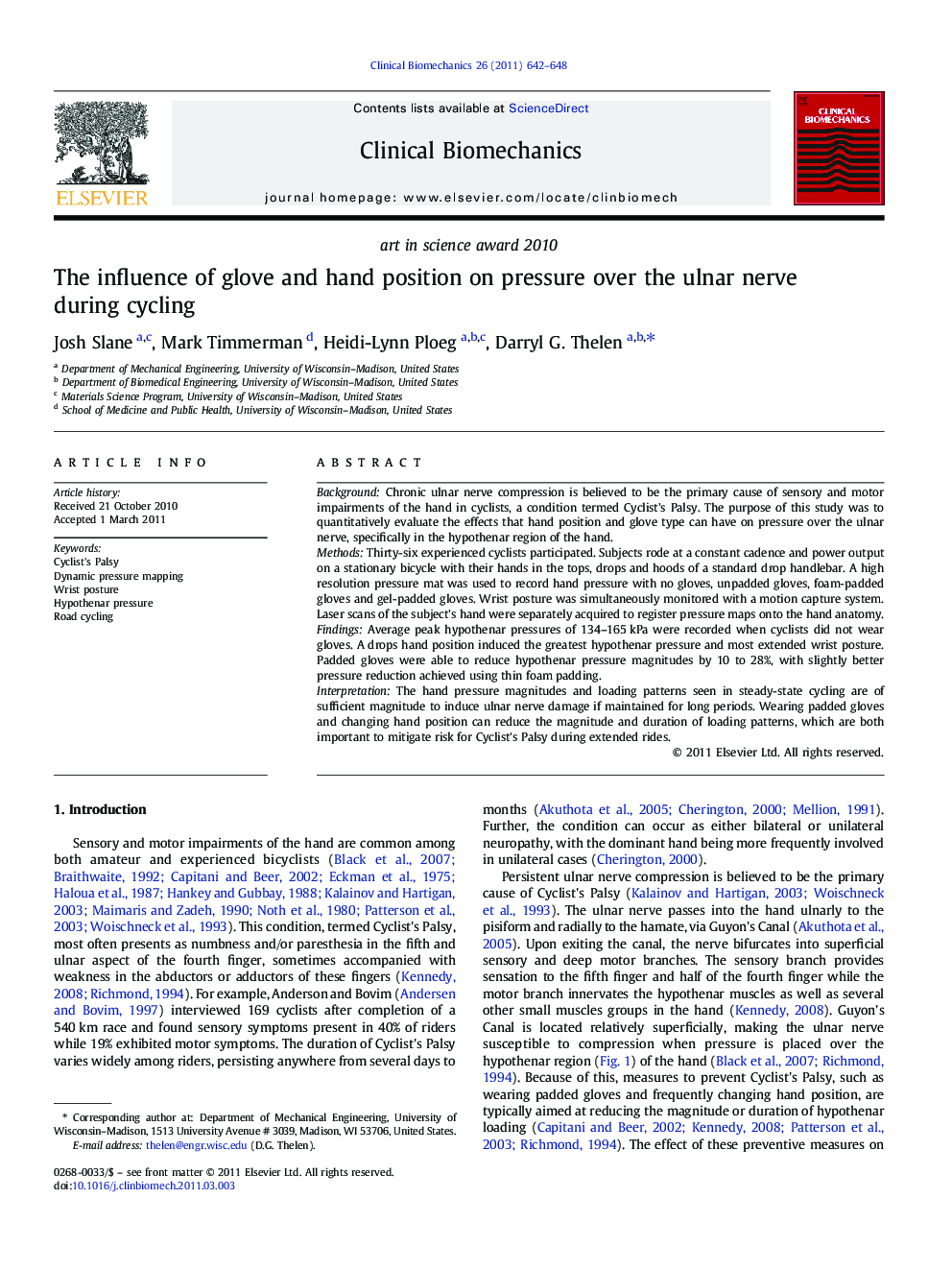 The influence of glove and hand position on pressure over the ulnar nerve during cycling