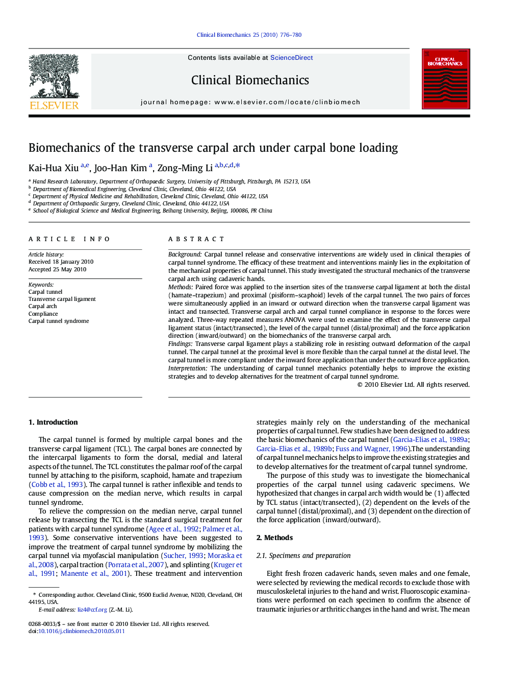 Biomechanics of the transverse carpal arch under carpal bone loading