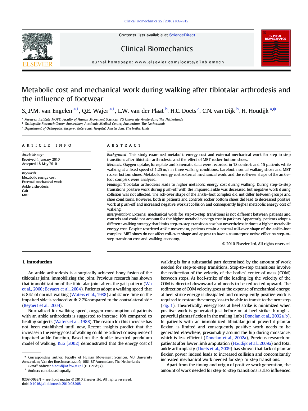 Metabolic cost and mechanical work during walking after tibiotalar arthrodesis and the influence of footwear