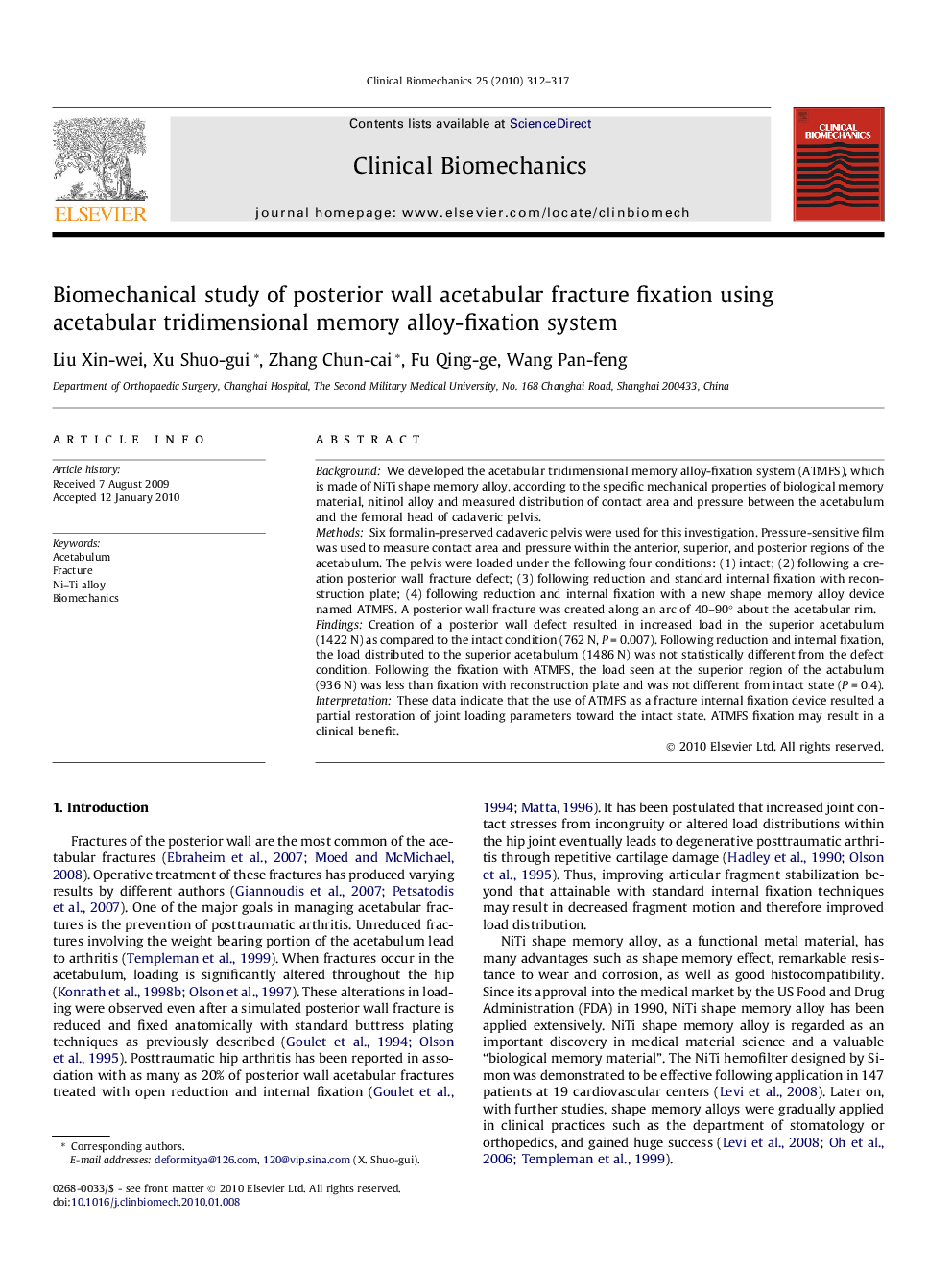 Biomechanical study of posterior wall acetabular fracture fixation using acetabular tridimensional memory alloy-fixation system