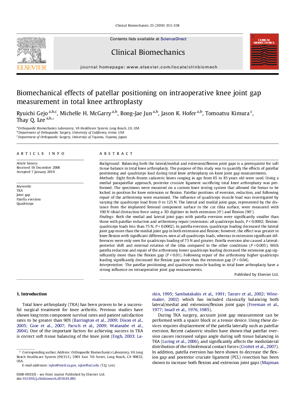 Biomechanical effects of patellar positioning on intraoperative knee joint gap measurement in total knee arthroplasty