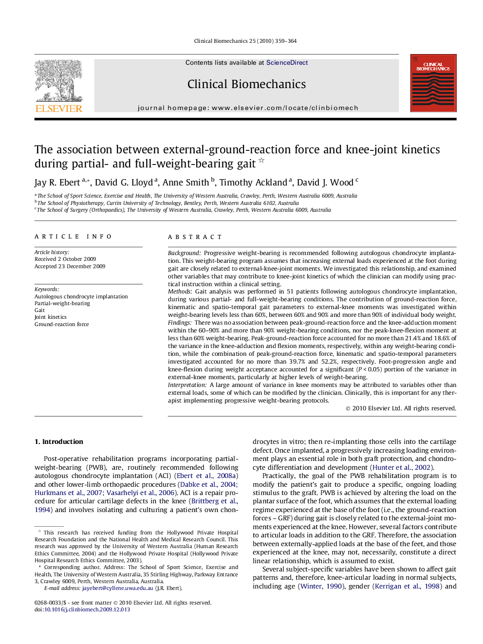 The association between external-ground-reaction force and knee-joint kinetics during partial- and full-weight-bearing gait 