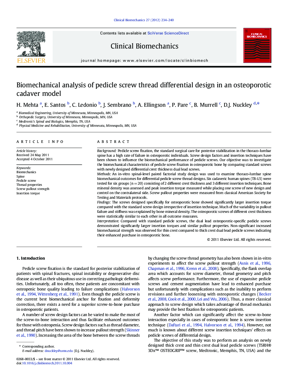 Biomechanical analysis of pedicle screw thread differential design in an osteoporotic cadaver model