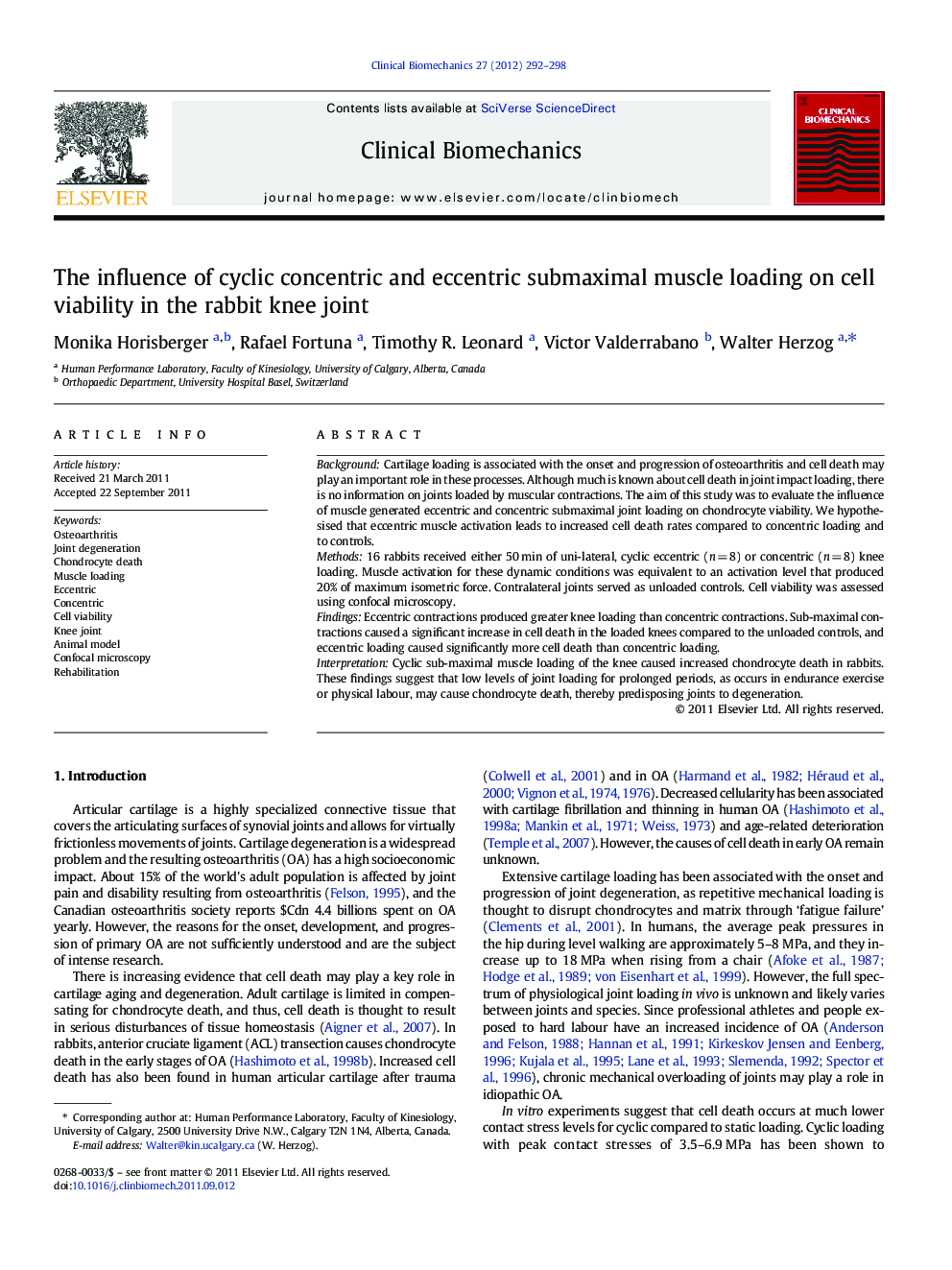 The influence of cyclic concentric and eccentric submaximal muscle loading on cell viability in the rabbit knee joint