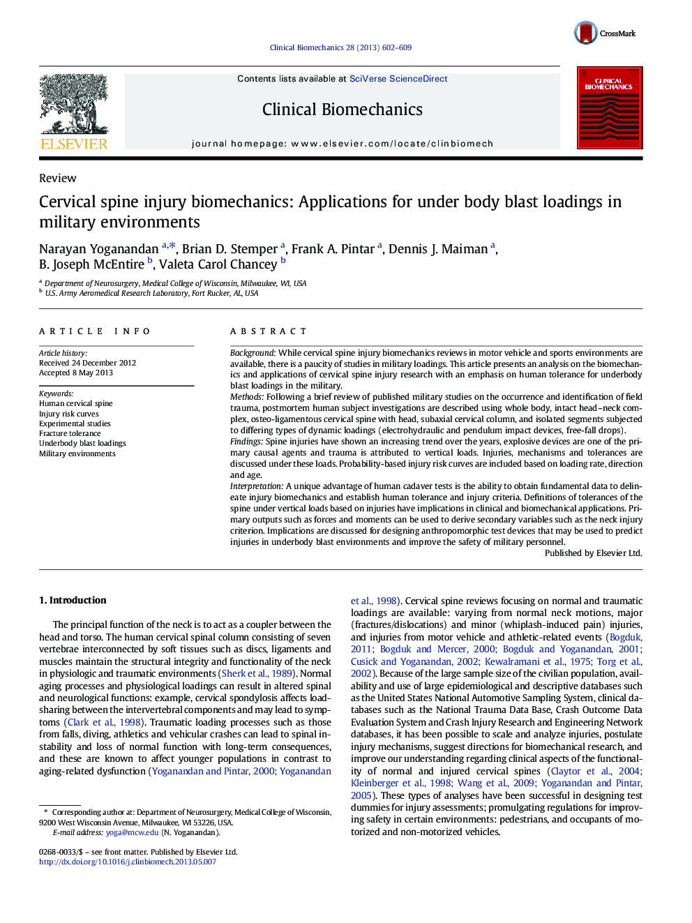 Cervical spine injury biomechanics: Applications for under body blast loadings in military environments