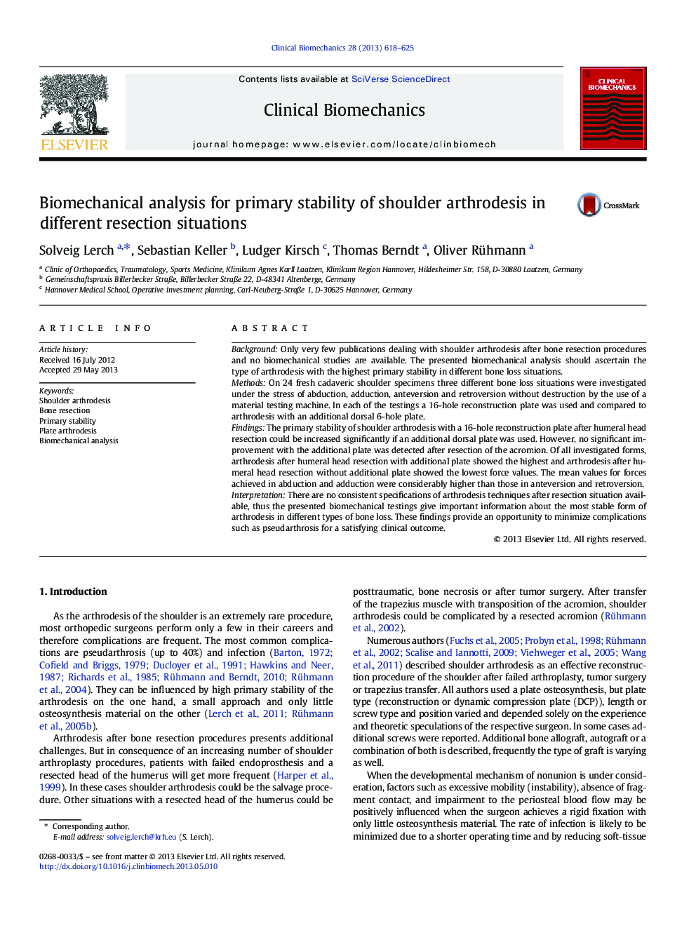 Biomechanical analysis for primary stability of shoulder arthrodesis in different resection situations