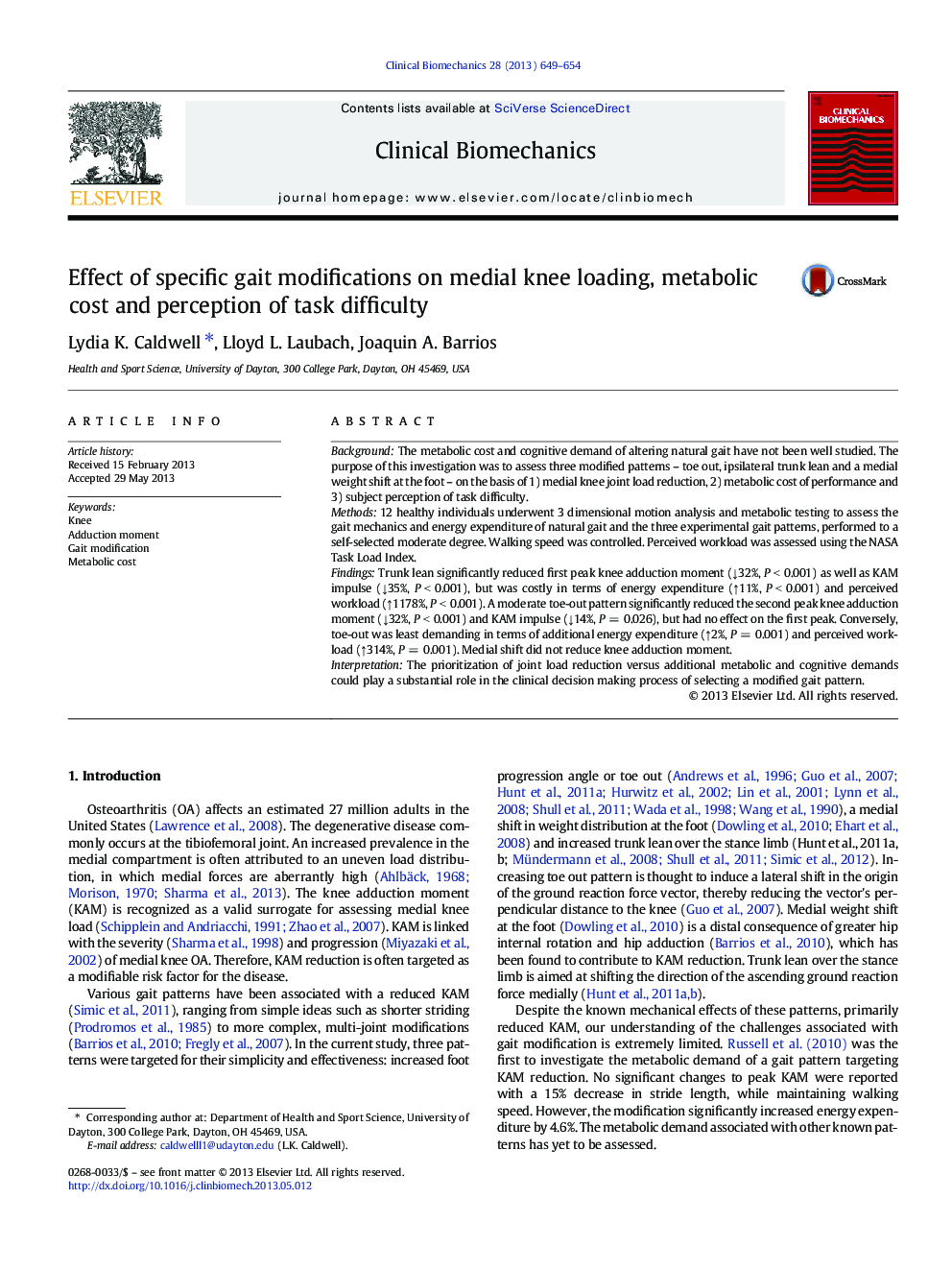 Effect of specific gait modifications on medial knee loading, metabolic cost and perception of task difficulty