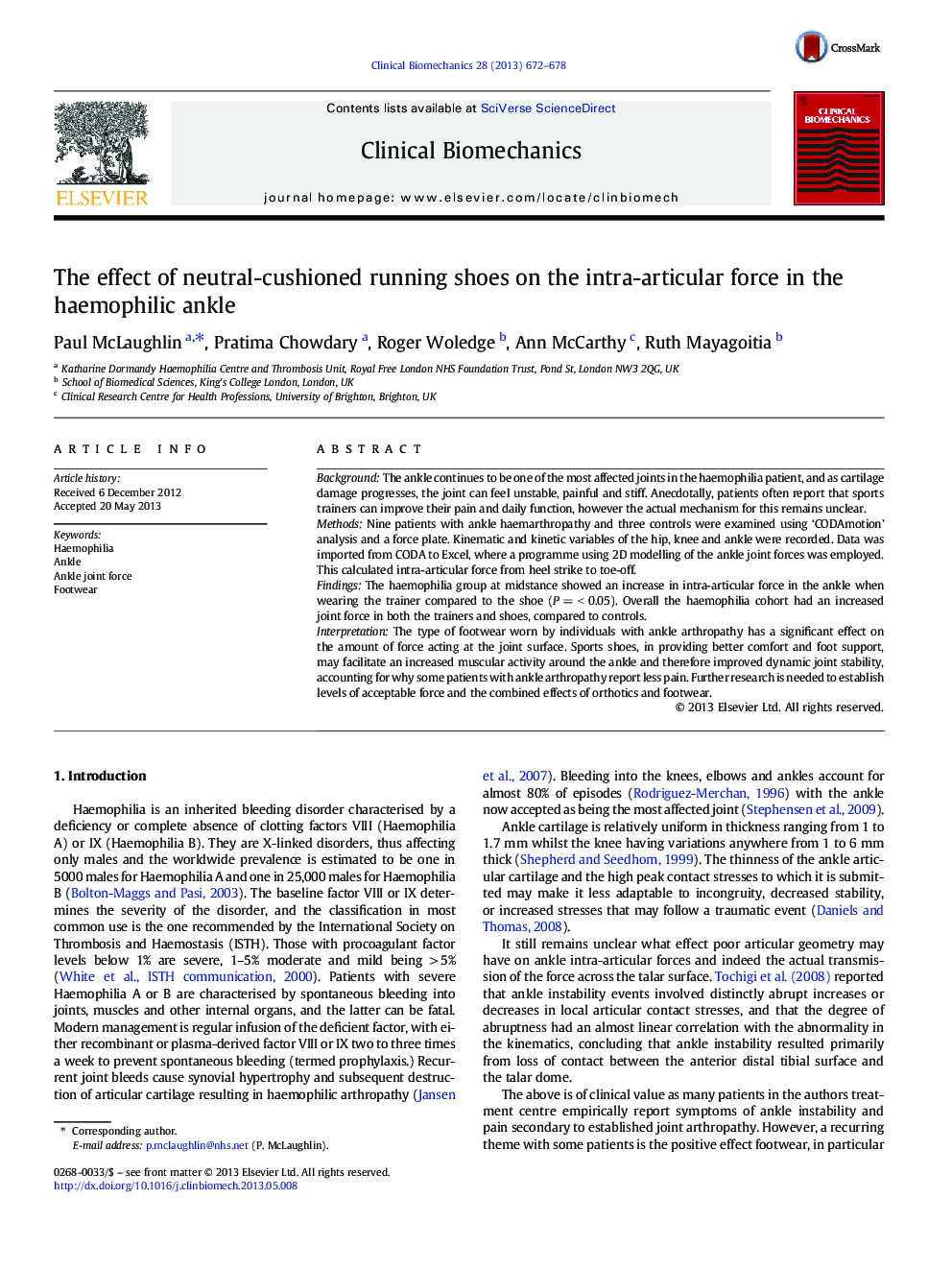 The effect of neutral-cushioned running shoes on the intra-articular force in the haemophilic ankle