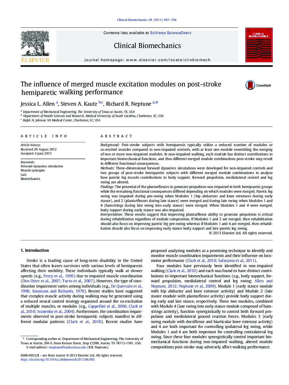 The influence of merged muscle excitation modules on post-stroke hemiparetic walking performance