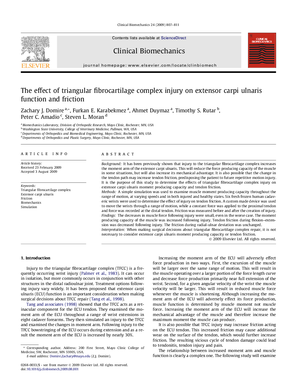 The effect of triangular fibrocartilage complex injury on extensor carpi ulnaris function and friction