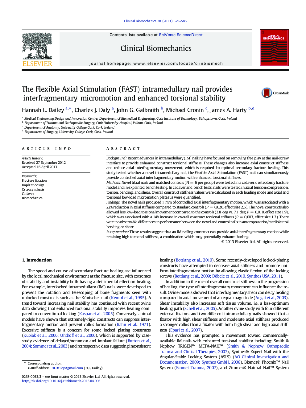 The Flexible Axial Stimulation (FAST) intramedullary nail provides interfragmentary micromotion and enhanced torsional stability