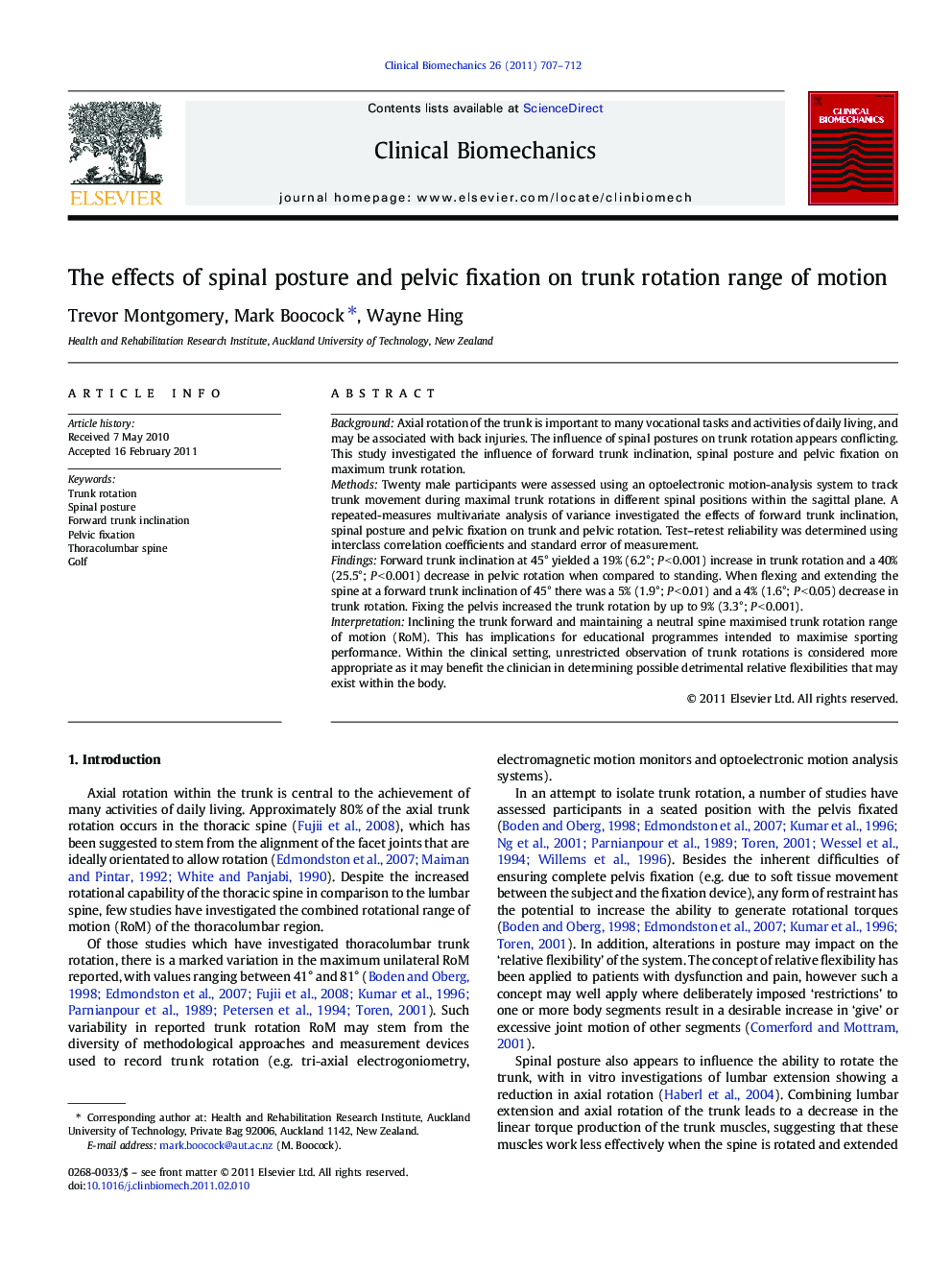 The effects of spinal posture and pelvic fixation on trunk rotation range of motion