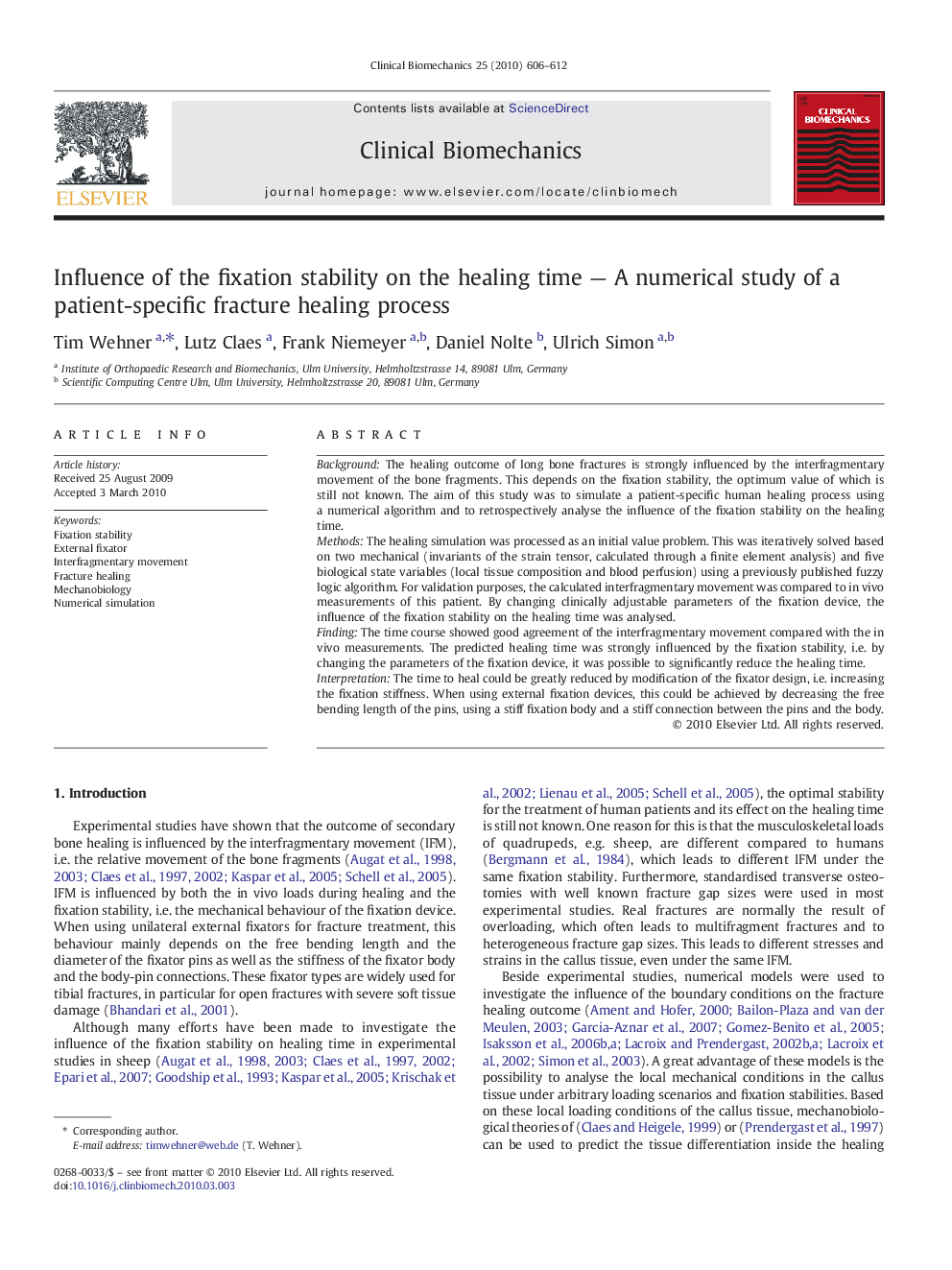 Influence of the fixation stability on the healing time — A numerical study of a patient-specific fracture healing process