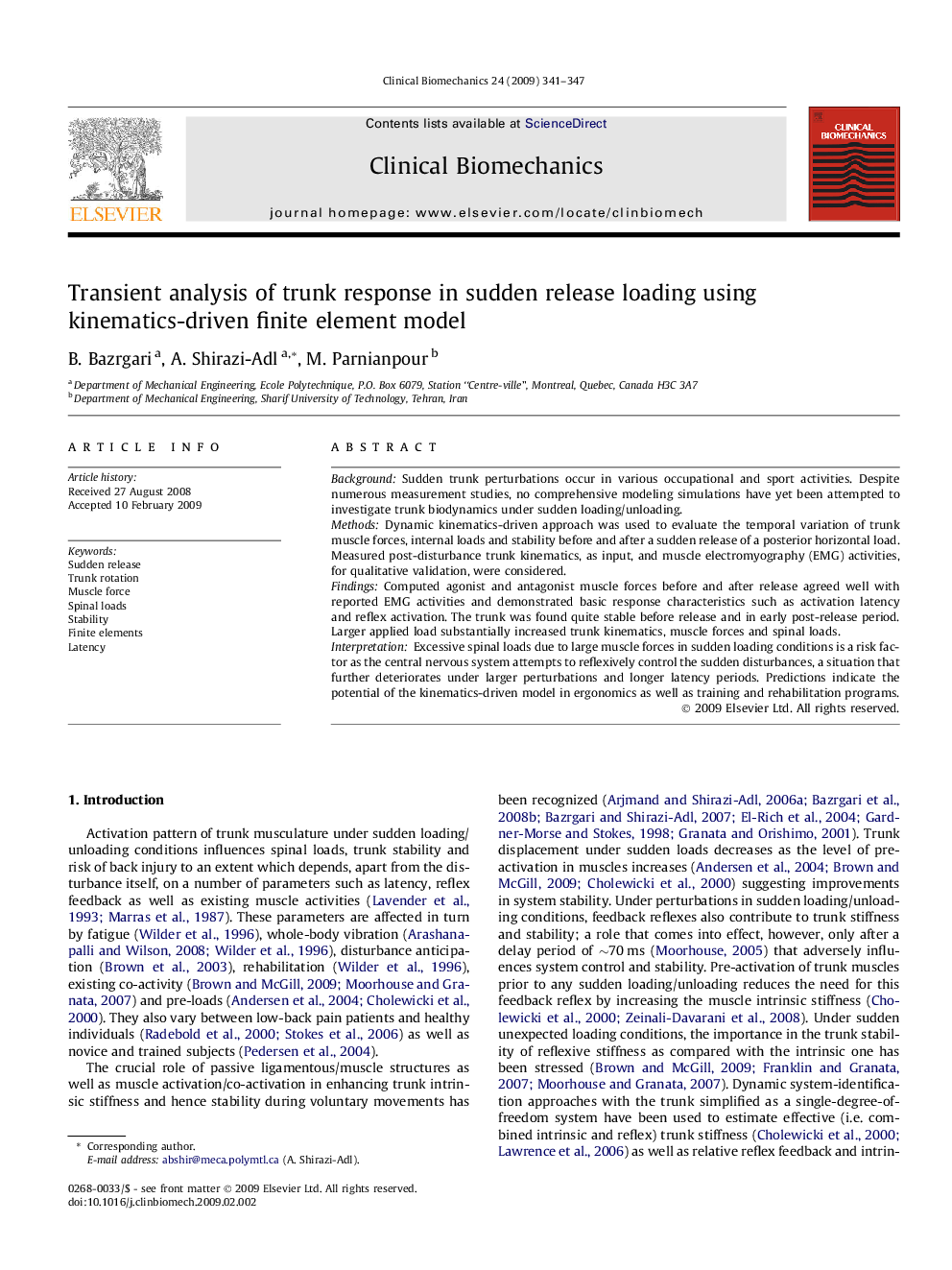 Transient analysis of trunk response in sudden release loading using kinematics-driven finite element model