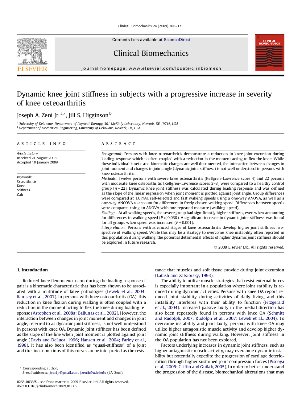 Dynamic knee joint stiffness in subjects with a progressive increase in severity of knee osteoarthritis