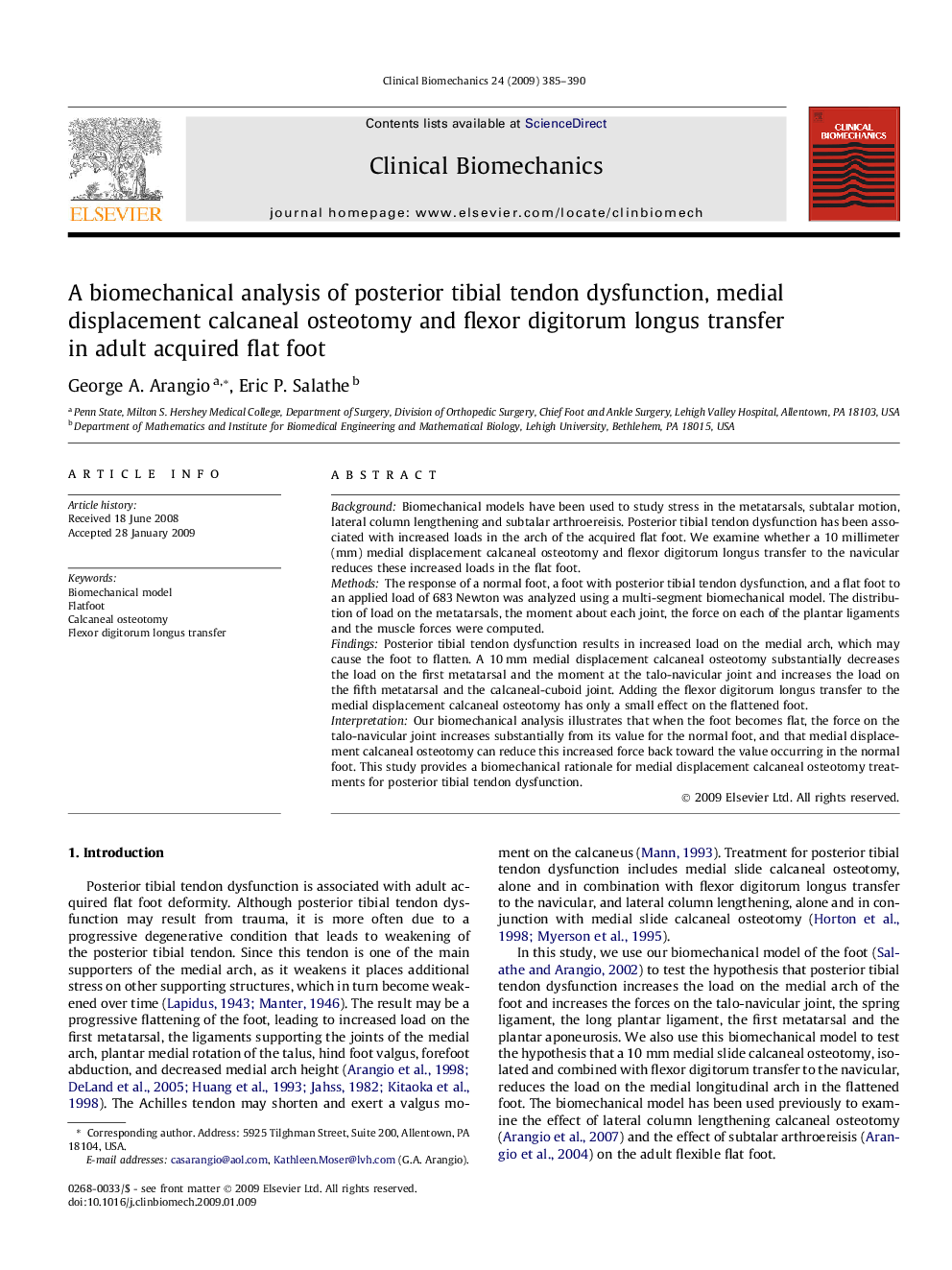 A biomechanical analysis of posterior tibial tendon dysfunction, medial displacement calcaneal osteotomy and flexor digitorum longus transfer in adult acquired flat foot