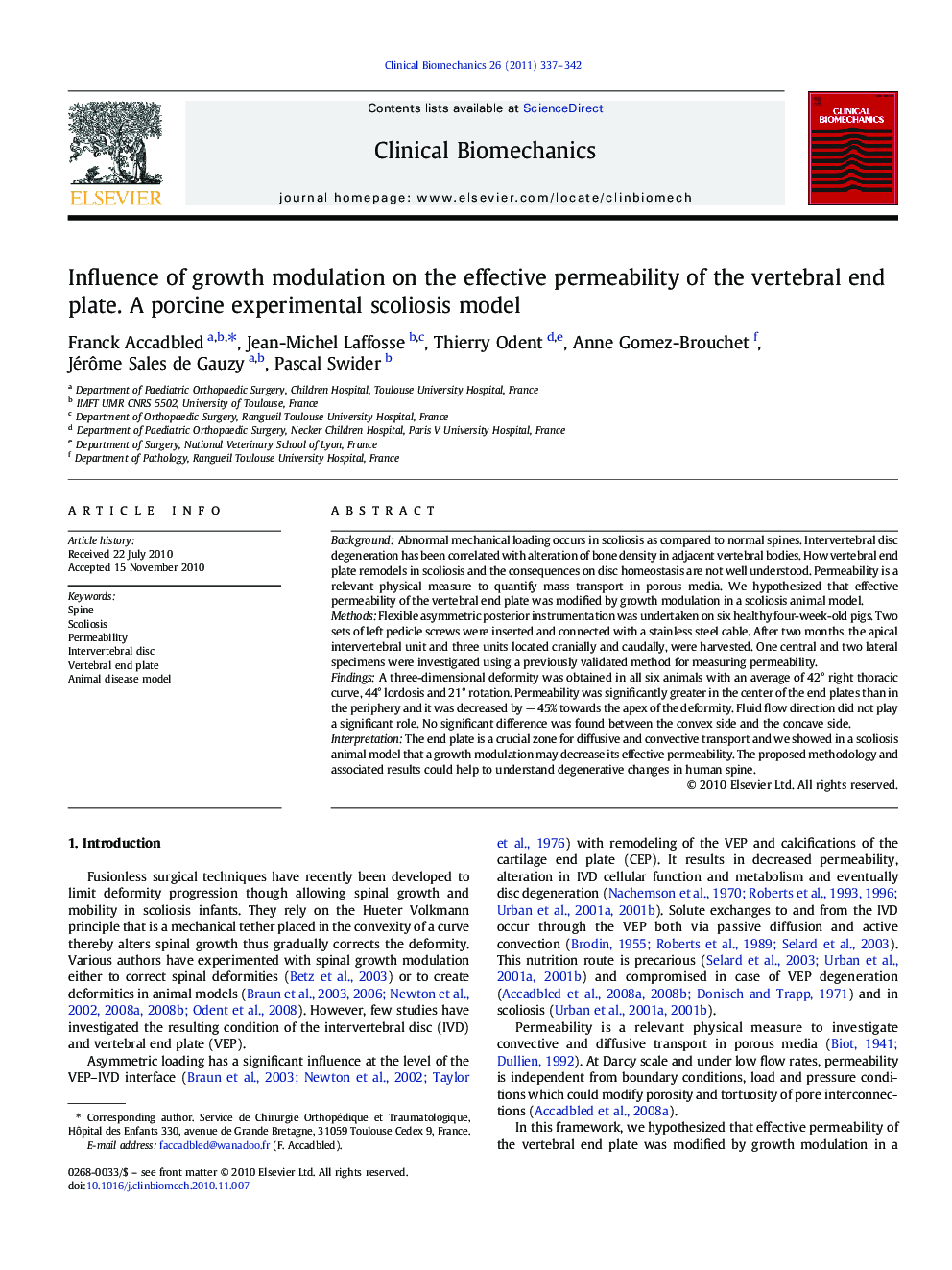 Influence of growth modulation on the effective permeability of the vertebral end plate. A porcine experimental scoliosis model