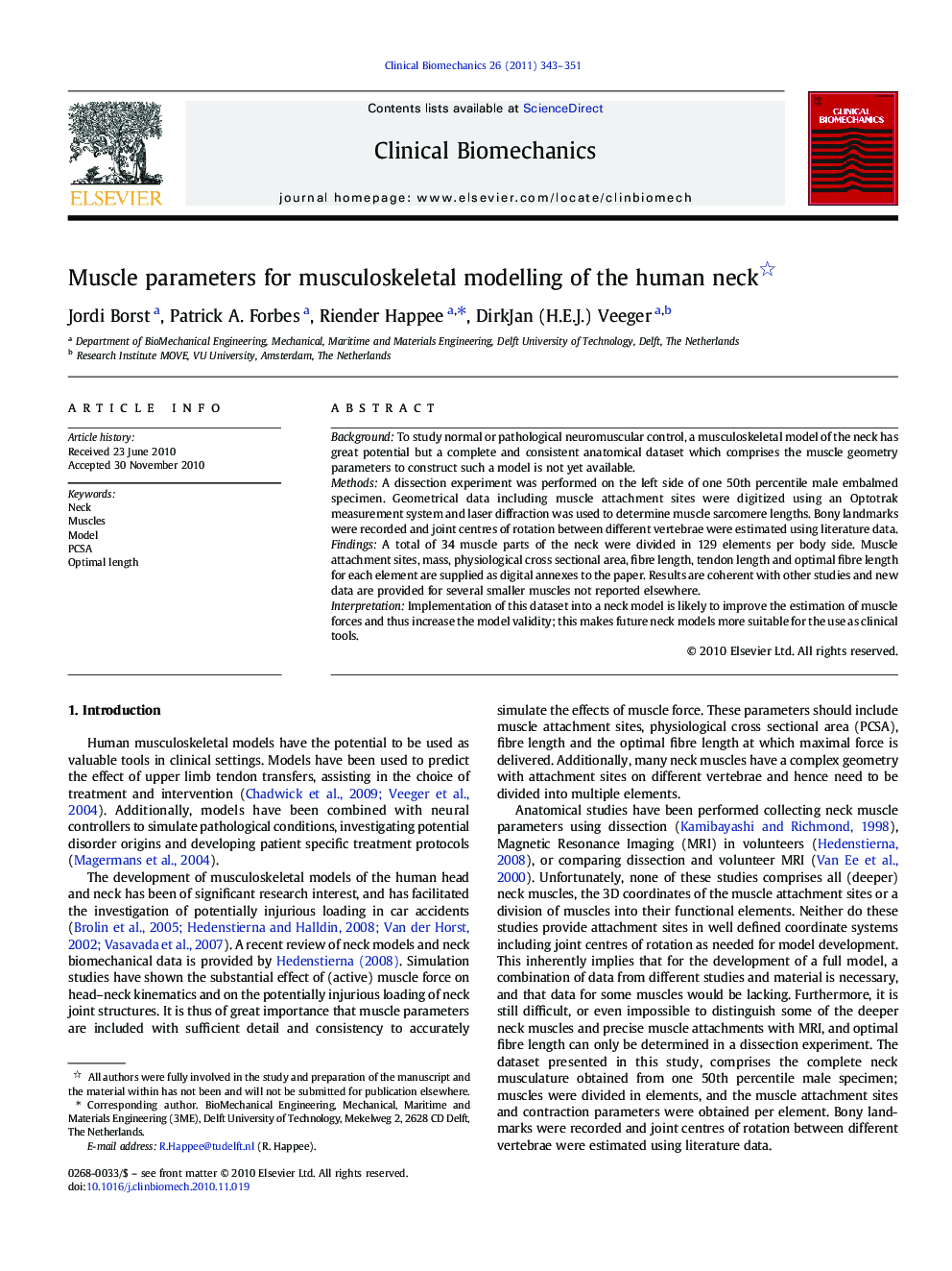 Muscle parameters for musculoskeletal modelling of the human neck 