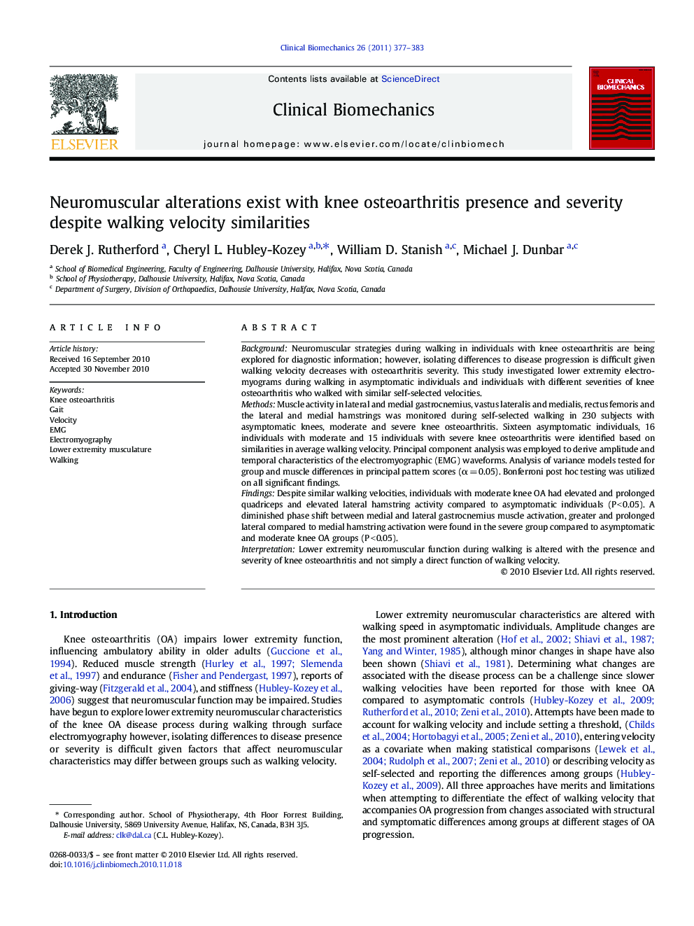 Neuromuscular alterations exist with knee osteoarthritis presence and severity despite walking velocity similarities