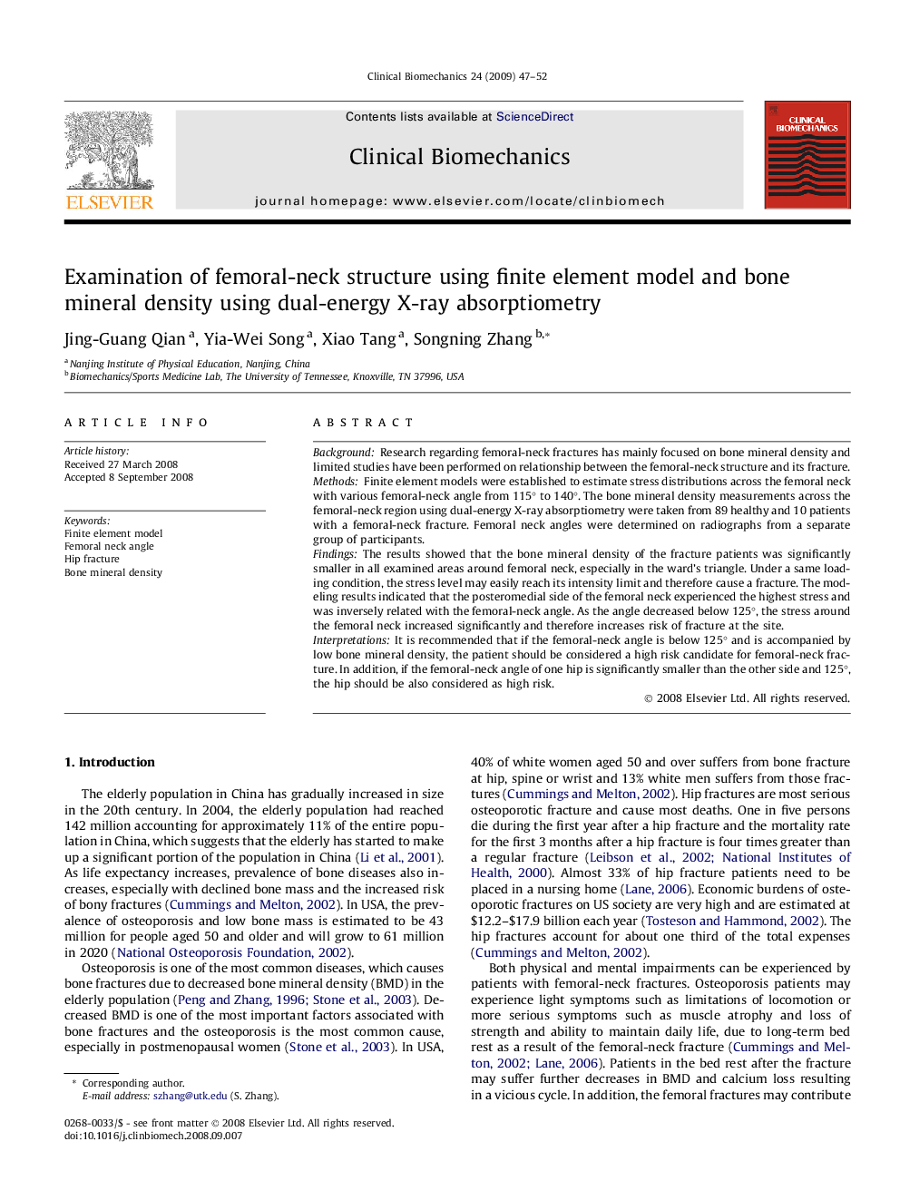 Examination of femoral-neck structure using finite element model and bone mineral density using dual-energy X-ray absorptiometry