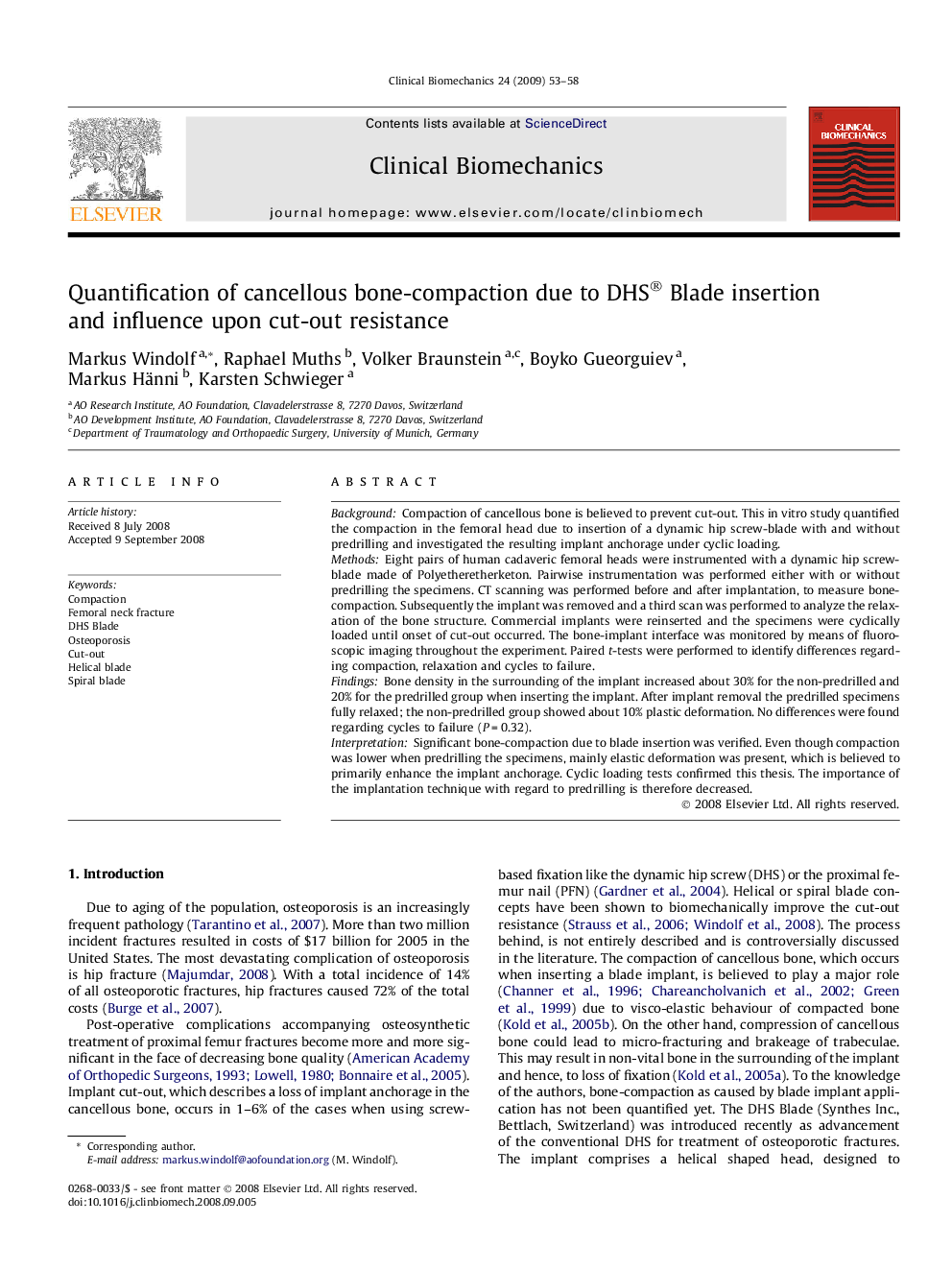 Quantification of cancellous bone-compaction due to DHS® Blade insertion and influence upon cut-out resistance