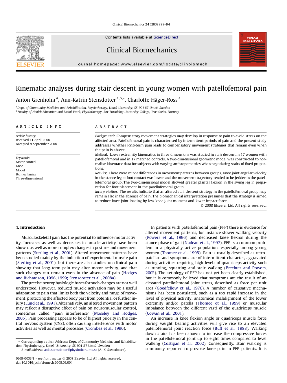 Kinematic analyses during stair descent in young women with patellofemoral pain