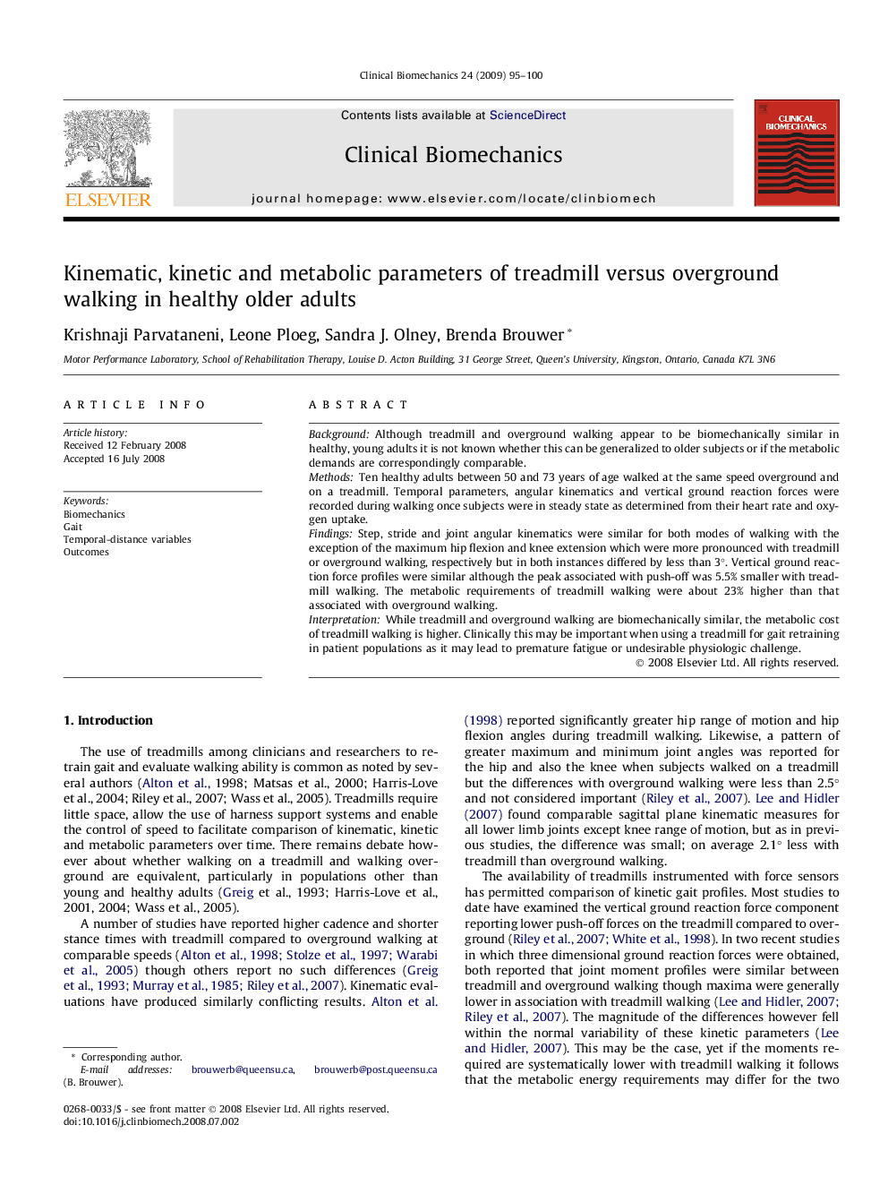 Kinematic, kinetic and metabolic parameters of treadmill versus overground walking in healthy older adults