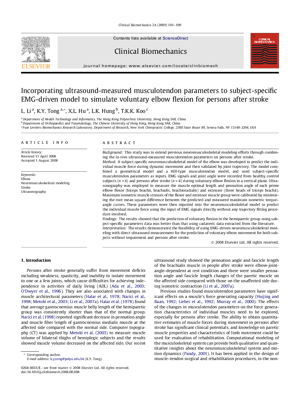 Incorporating ultrasound-measured musculotendon parameters to subject-specific EMG-driven model to simulate voluntary elbow flexion for persons after stroke