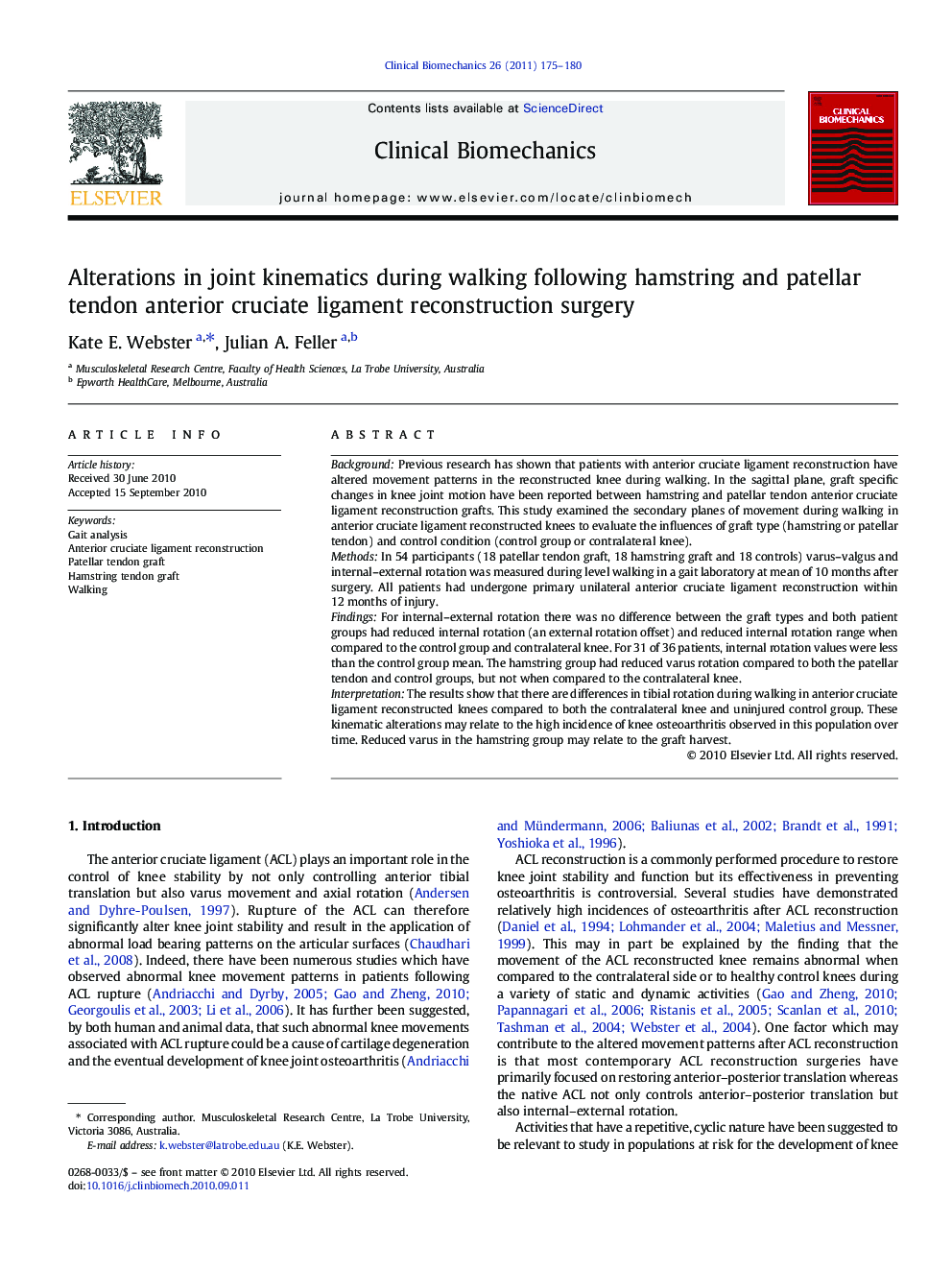 Alterations in joint kinematics during walking following hamstring and patellar tendon anterior cruciate ligament reconstruction surgery