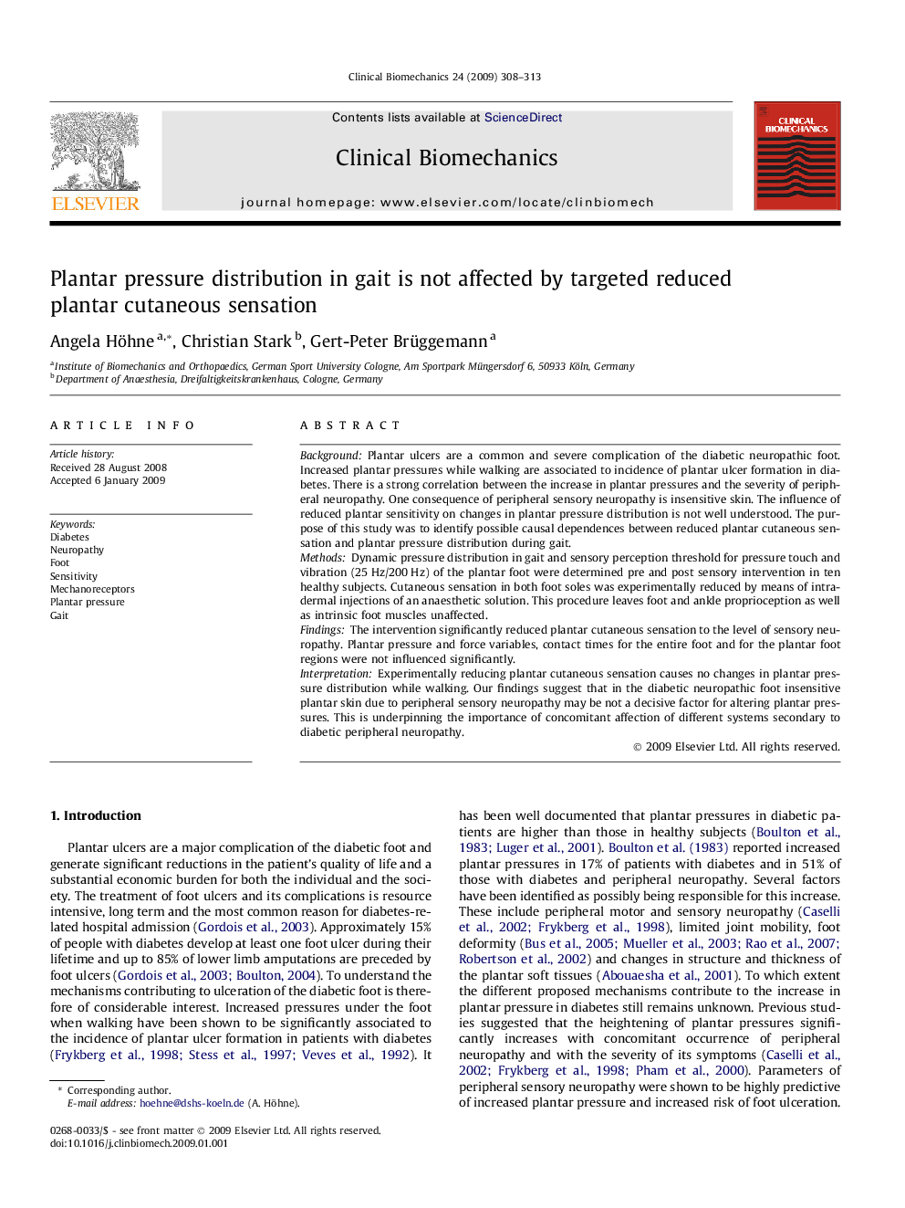 Plantar pressure distribution in gait is not affected by targeted reduced plantar cutaneous sensation