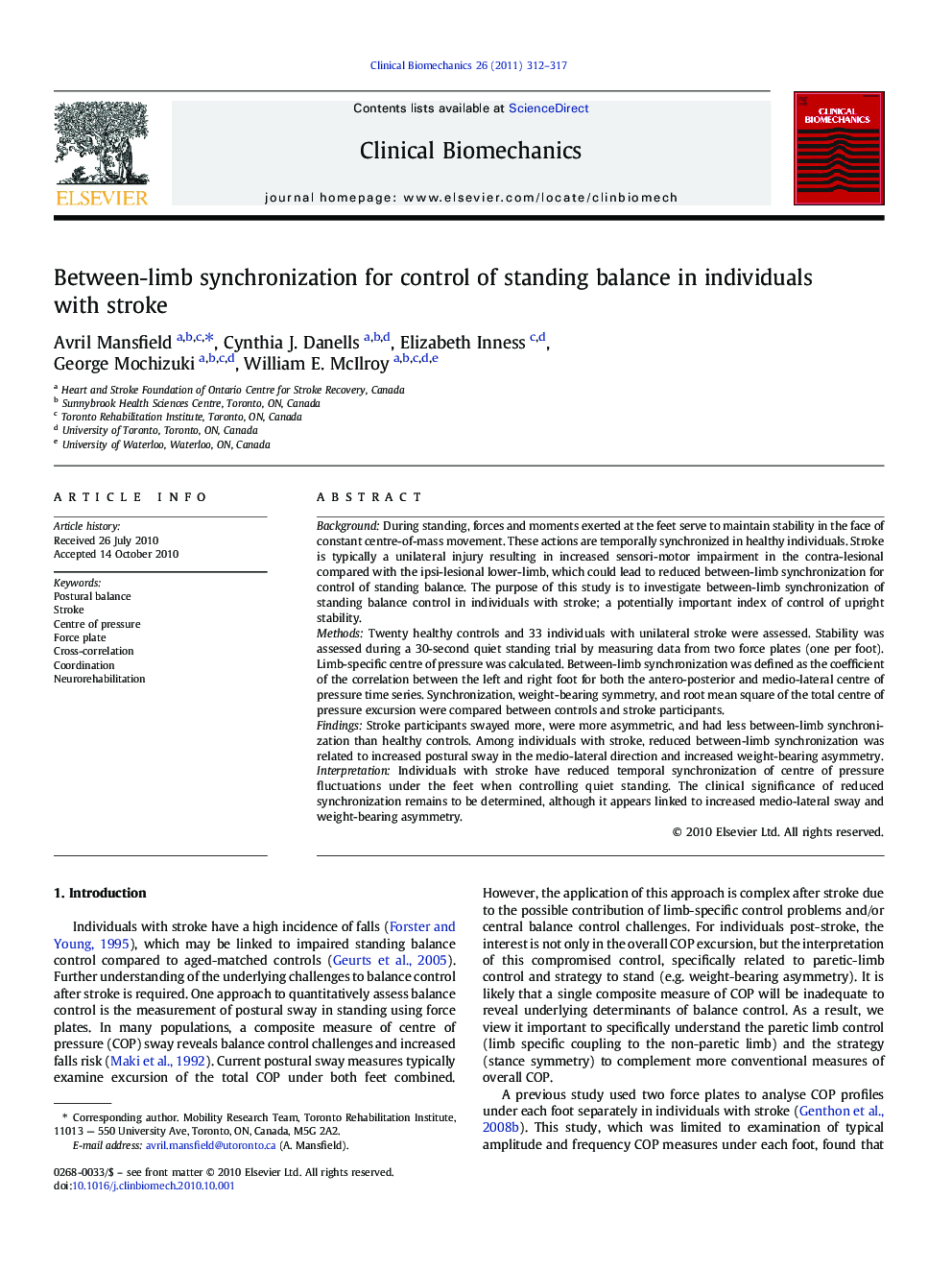 Between-limb synchronization for control of standing balance in individuals with stroke