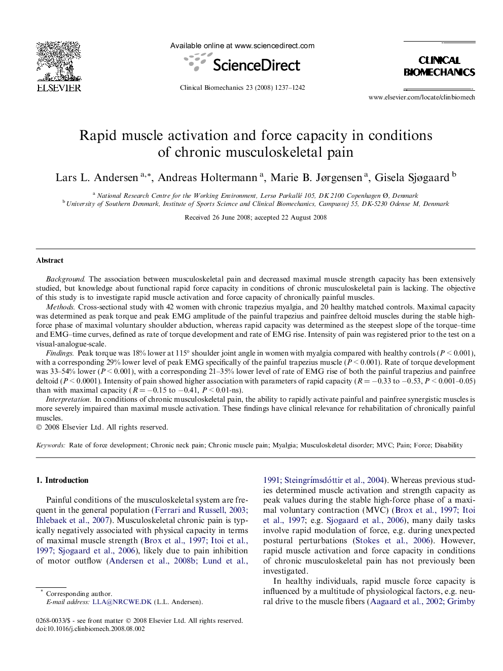 Rapid muscle activation and force capacity in conditions of chronic musculoskeletal pain