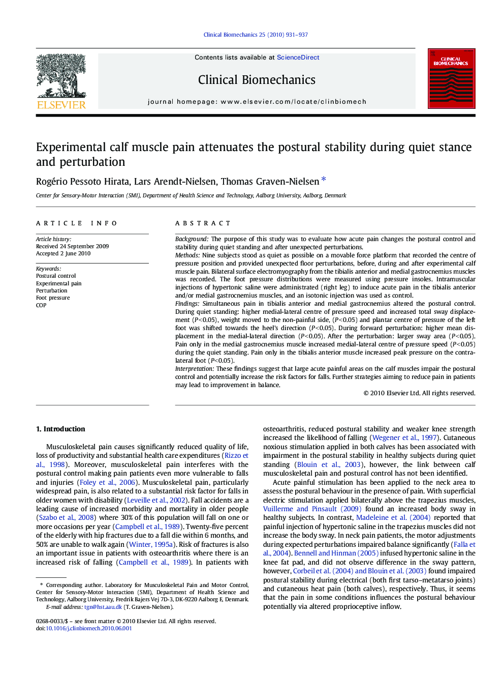 Experimental calf muscle pain attenuates the postural stability during quiet stance and perturbation