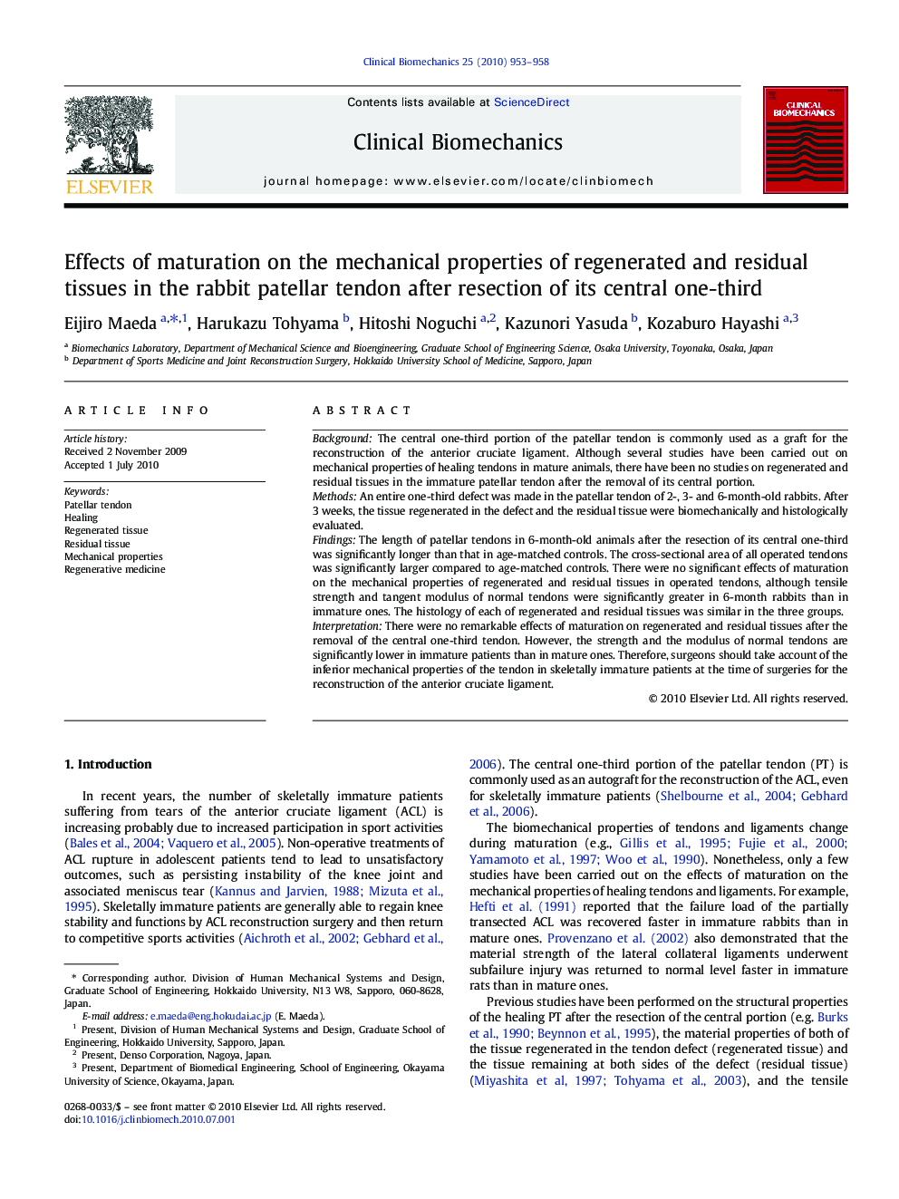 Effects of maturation on the mechanical properties of regenerated and residual tissues in the rabbit patellar tendon after resection of its central one-third