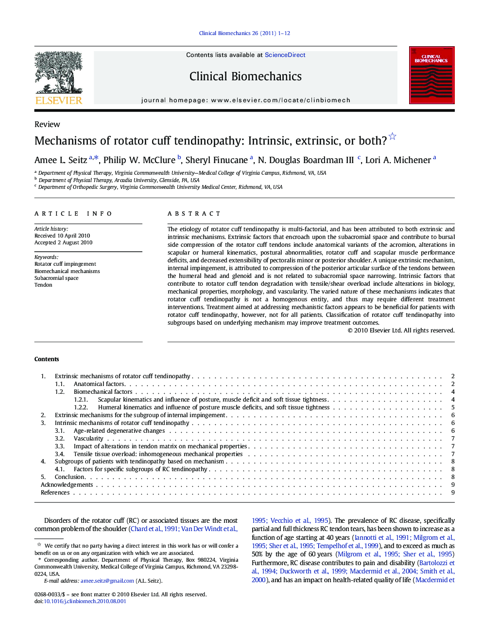 Mechanisms of rotator cuff tendinopathy: Intrinsic, extrinsic, or both? 