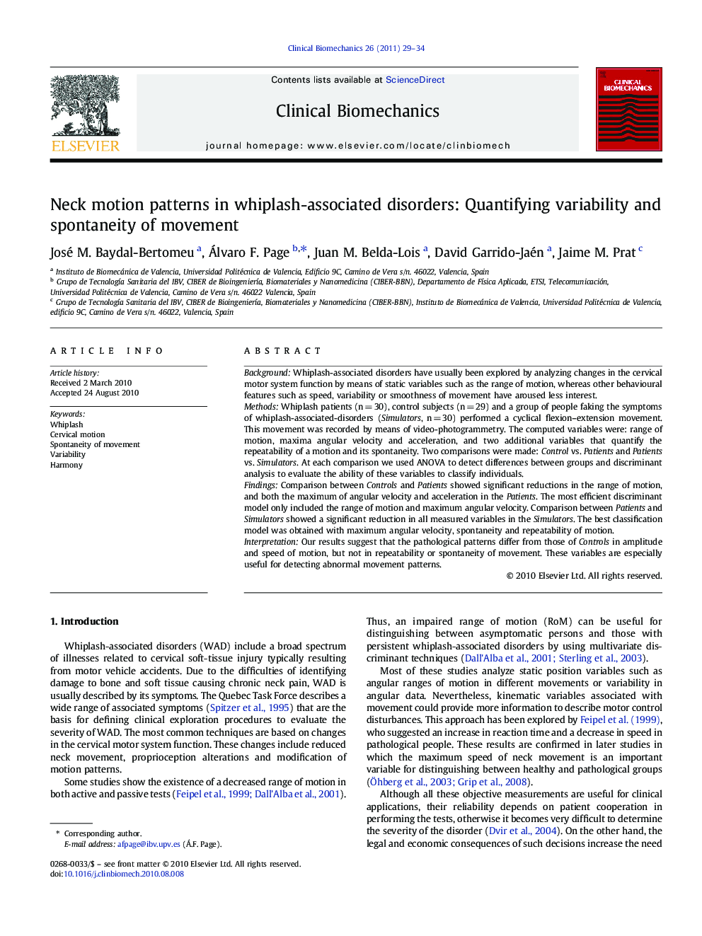 Neck motion patterns in whiplash-associated disorders: Quantifying variability and spontaneity of movement