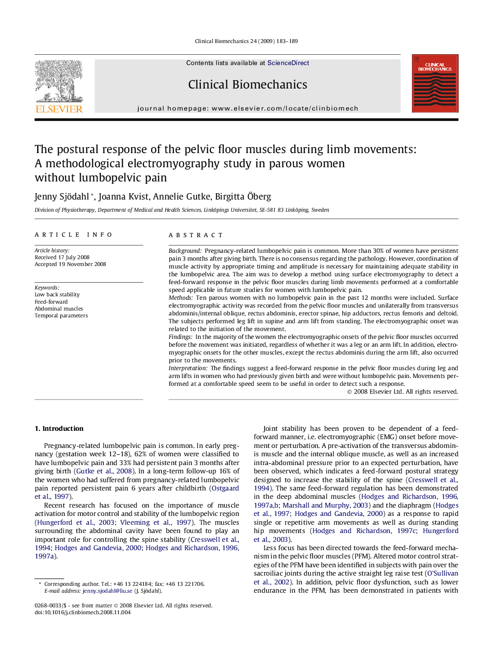 The postural response of the pelvic floor muscles during limb movements: A methodological electromyography study in parous women without lumbopelvic pain